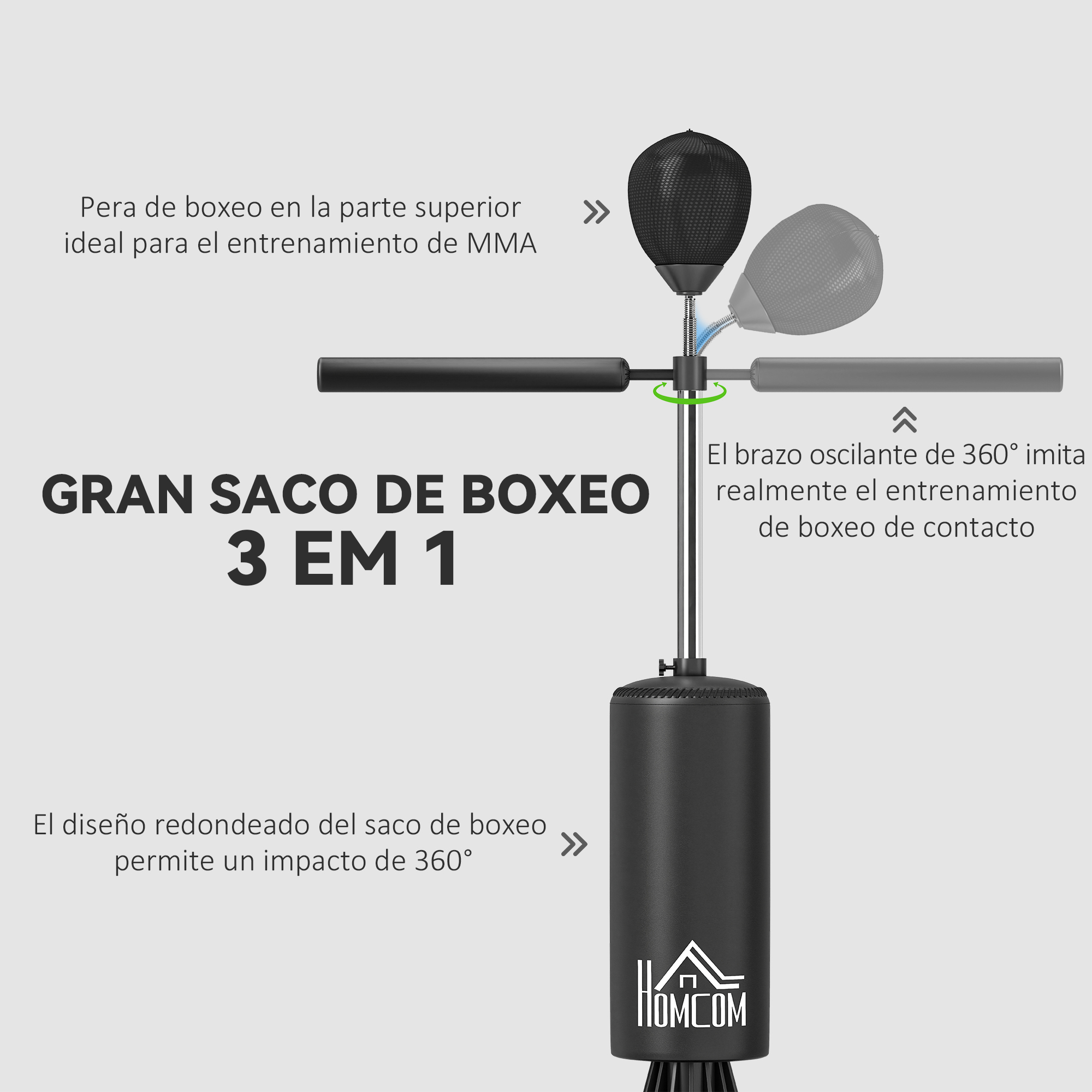 Saco de boxeo negro 3 en 1 con brazo oscilante de 360° y pera superior.