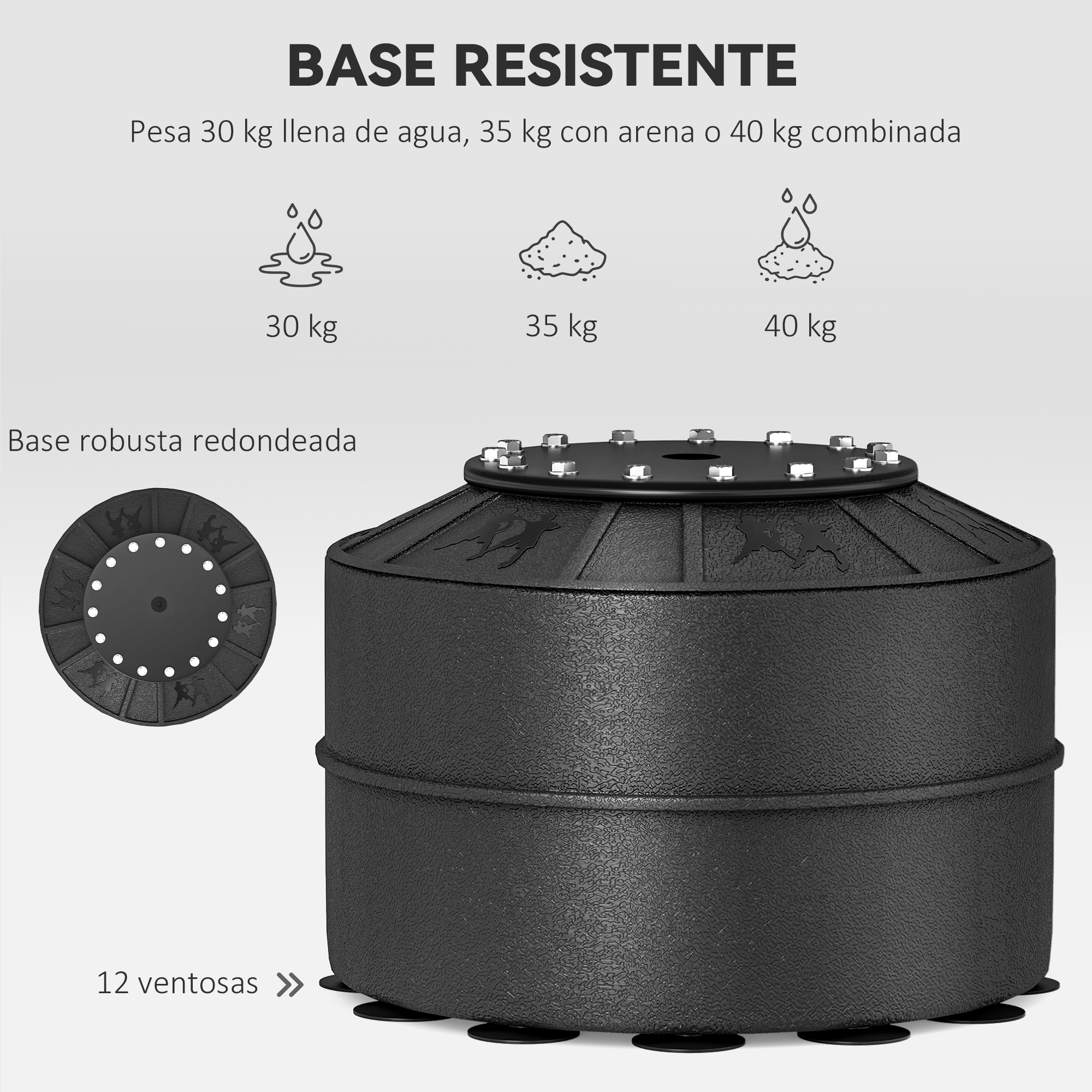 Base redonda negra con 12 ventosas e indicaciones de peso.