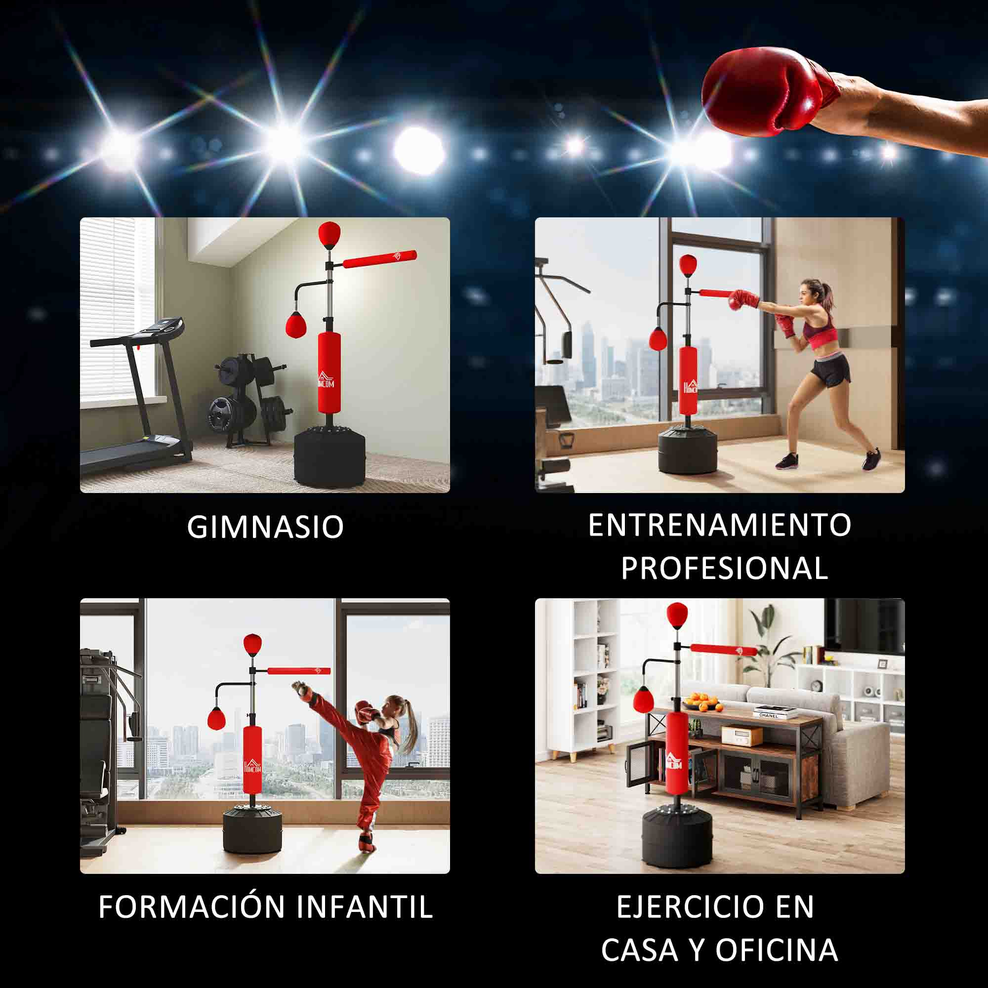 Cuatro escenas: Saco de boxeo en gimnasio, mujer entrenando, niño entrenando, saco de boxeo en sala.