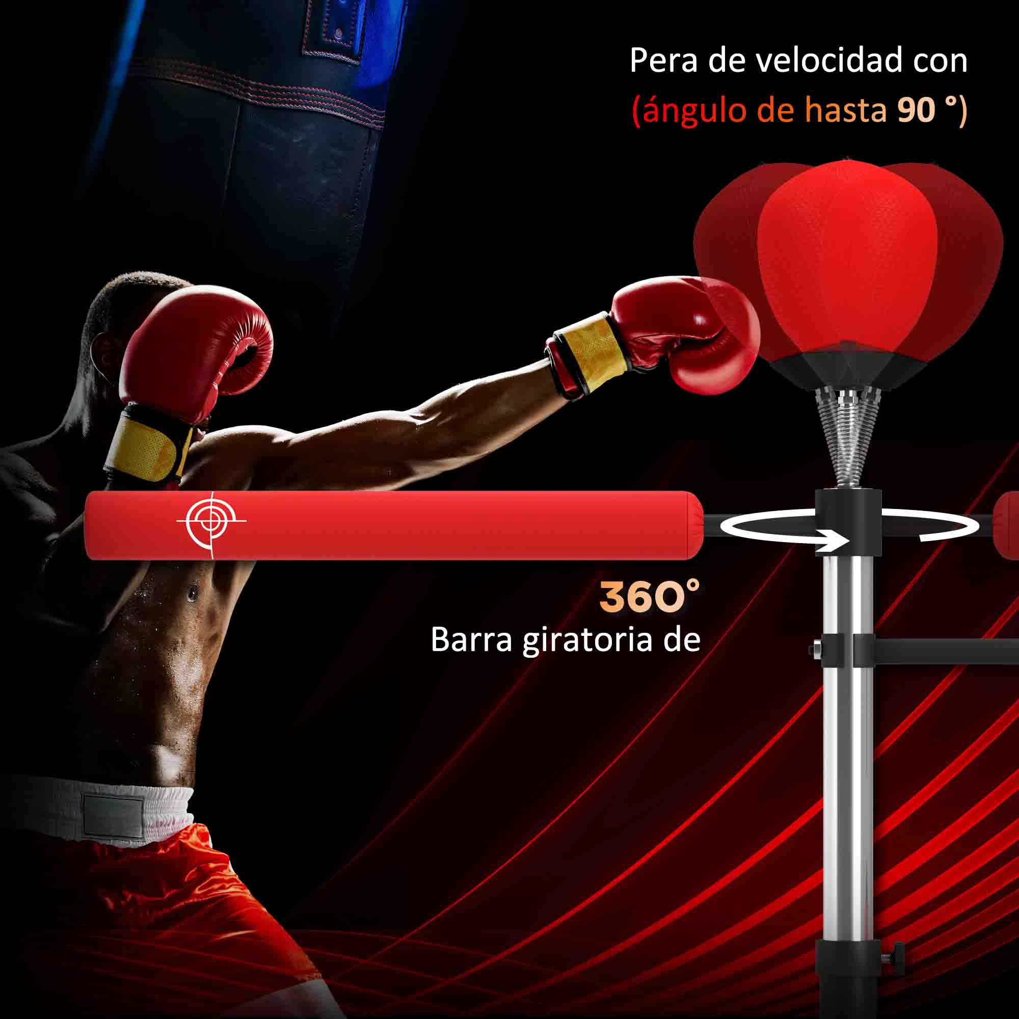 Boxeador con guantes rojos entrena con saco de boxeo y pelota giratoria.