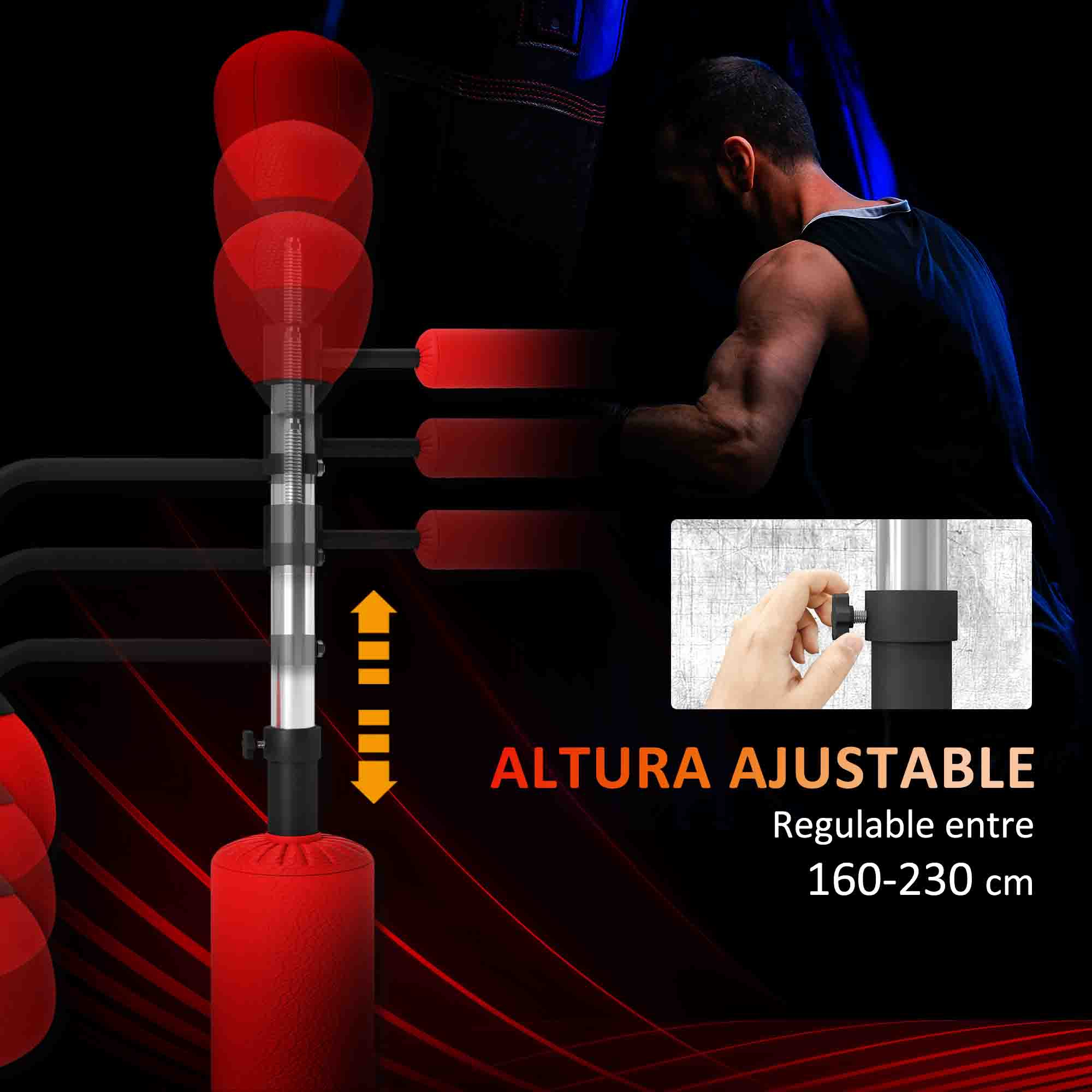 Un hombre entrena en un saco de boxeo ajustable. Altura 160-230cm.
