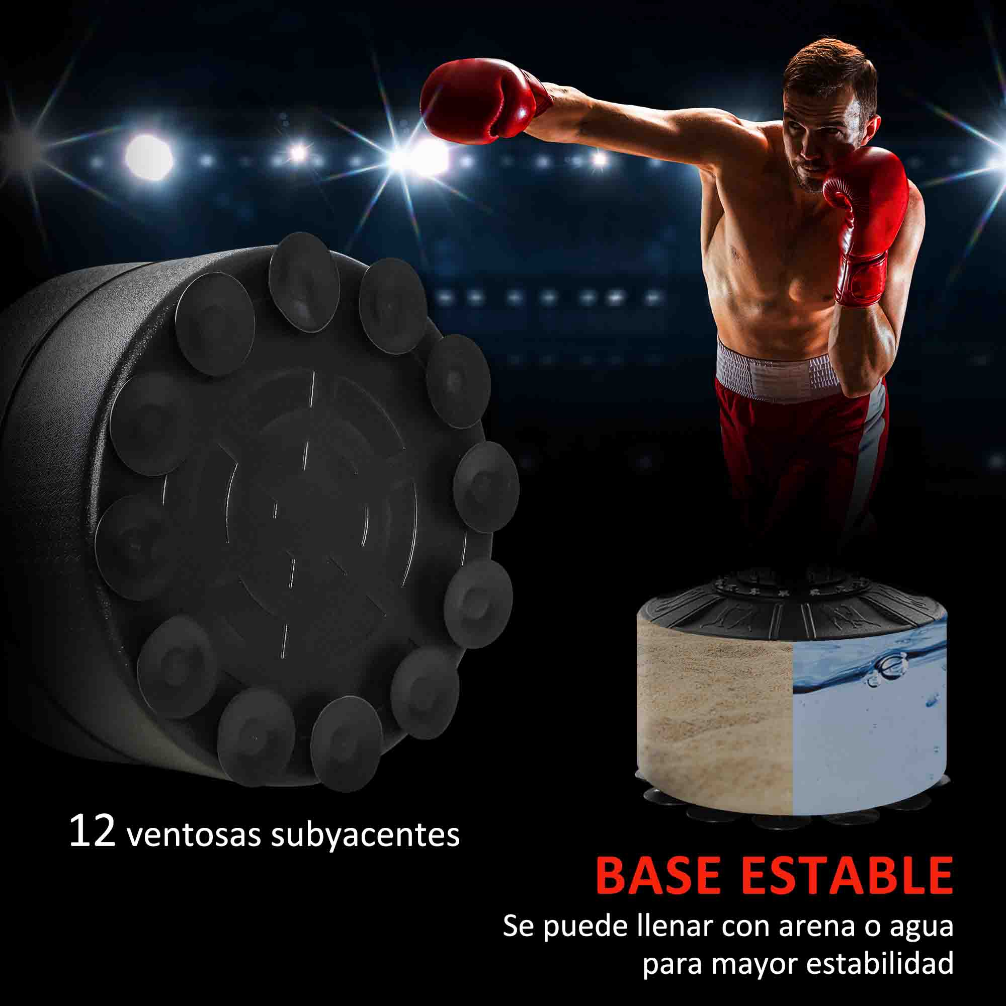 Un boxeador con guantes rojos lanza un golpe junto a una base estable.