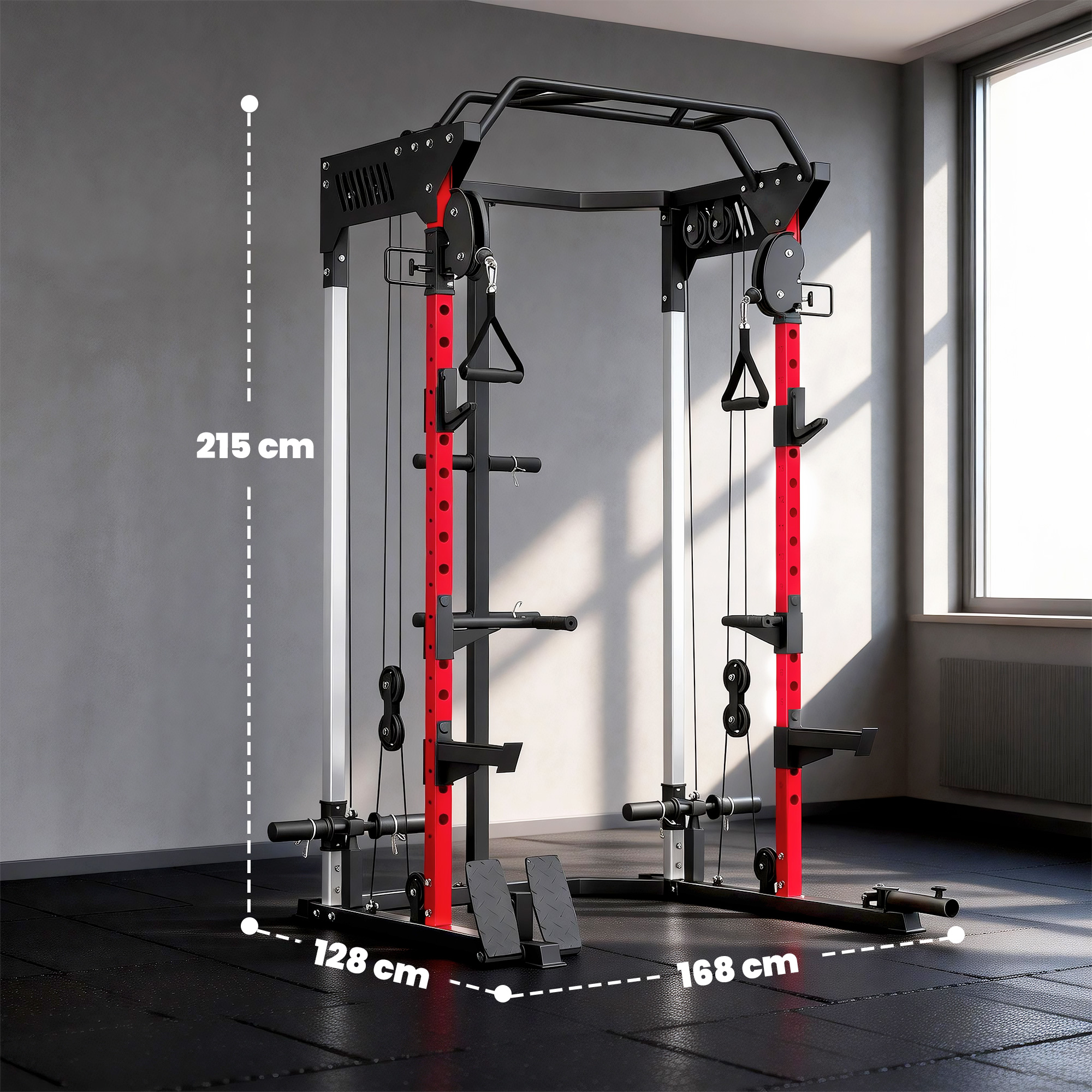 Jaula de potencia de fitness negra y roja con sistema de cables, dimensiones 215x168x128 cm.