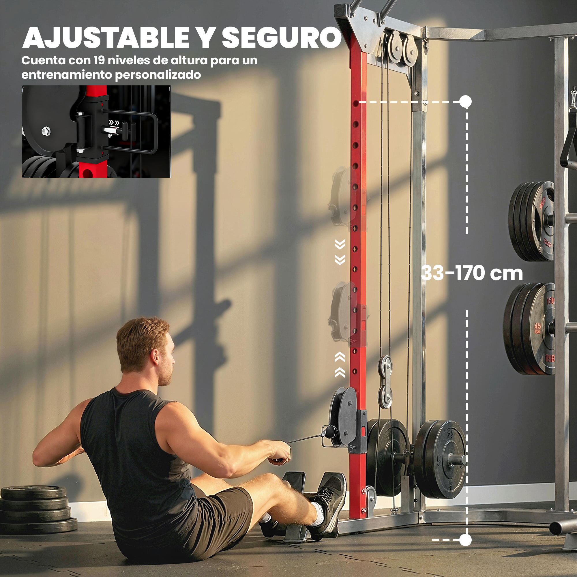 Un hombre se ejercita en una máquina de poleas con pesas. Altura ajustable de 33-170 cm.