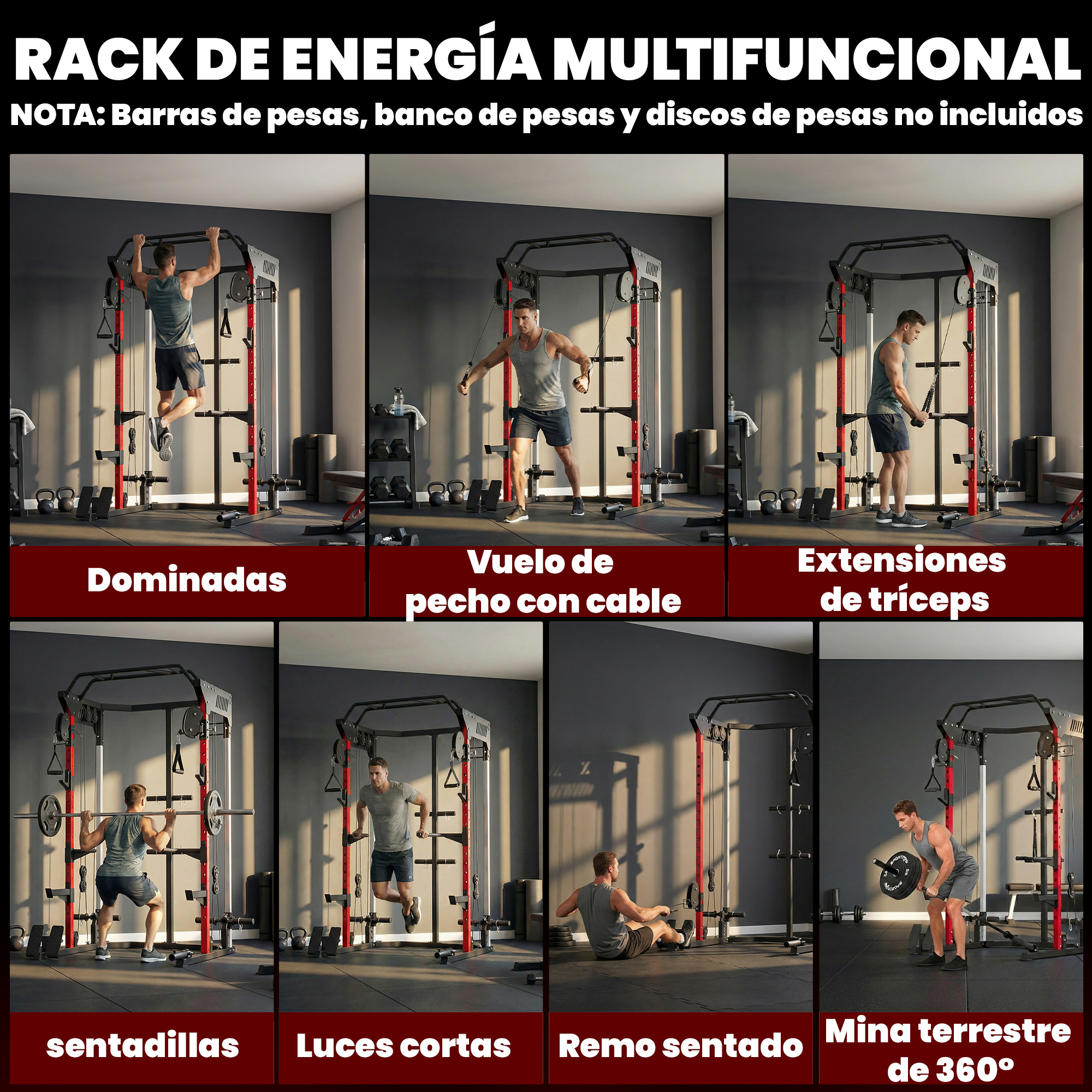 Un hombre hace dominadas en un rack de pesas multifuncional. Equipo de gimnasio.