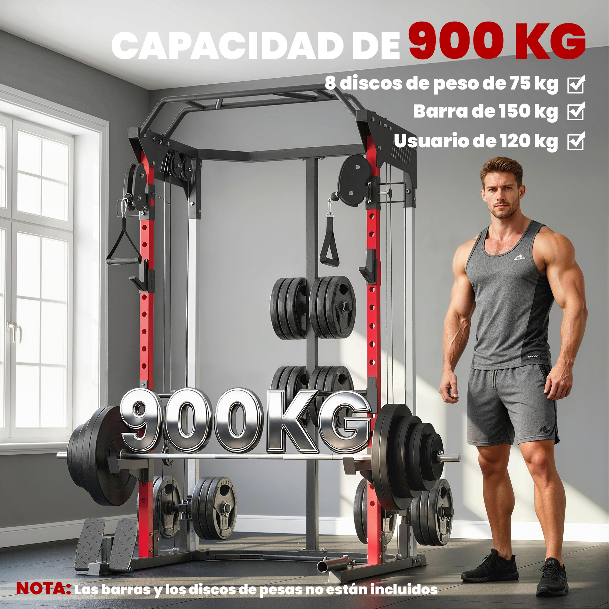 Un hombre junto a una jaula de potencia con pesas. Dice '900 KG'.