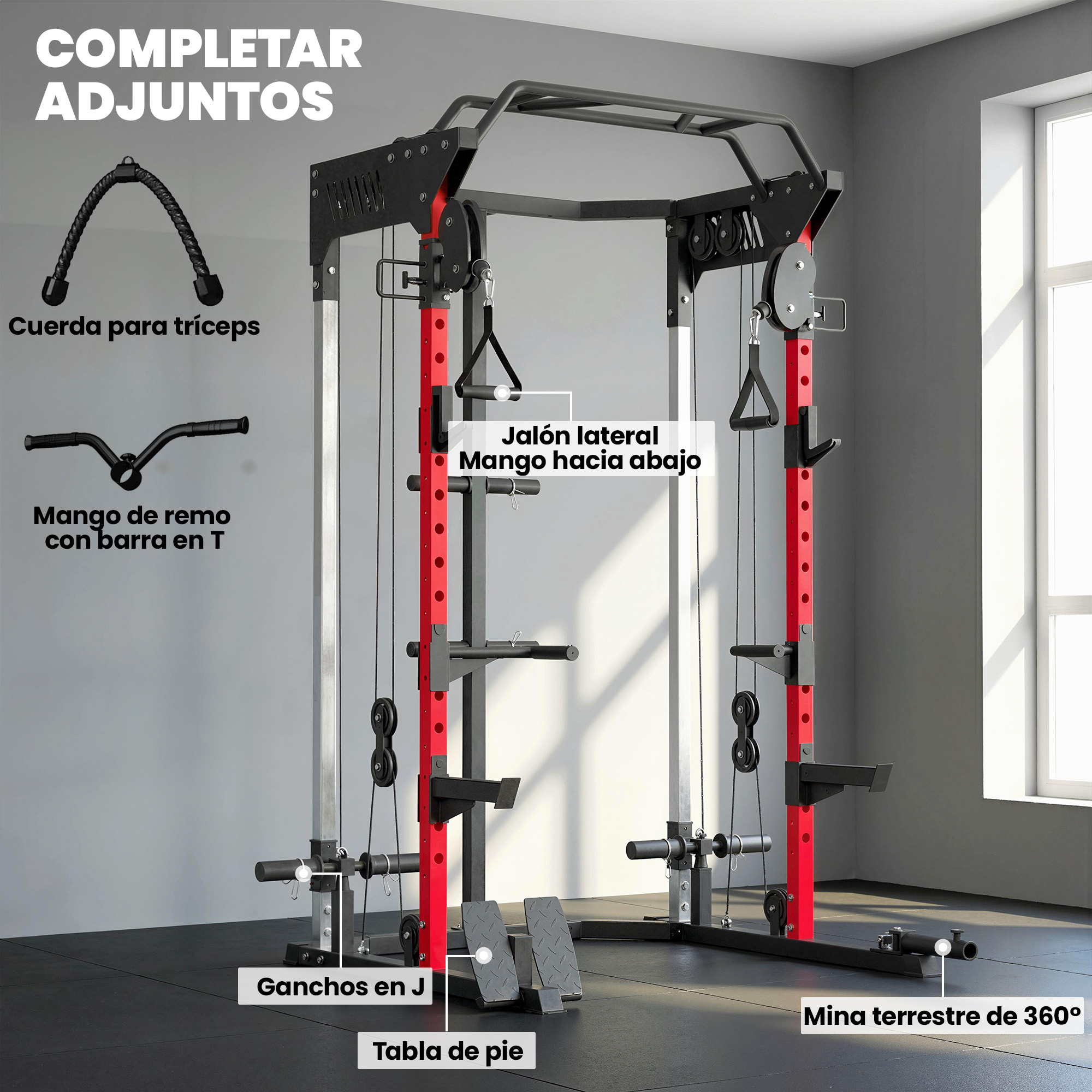 Una torre de máquina smith de fitness negra y roja con varios mangos y accesorios de cable.