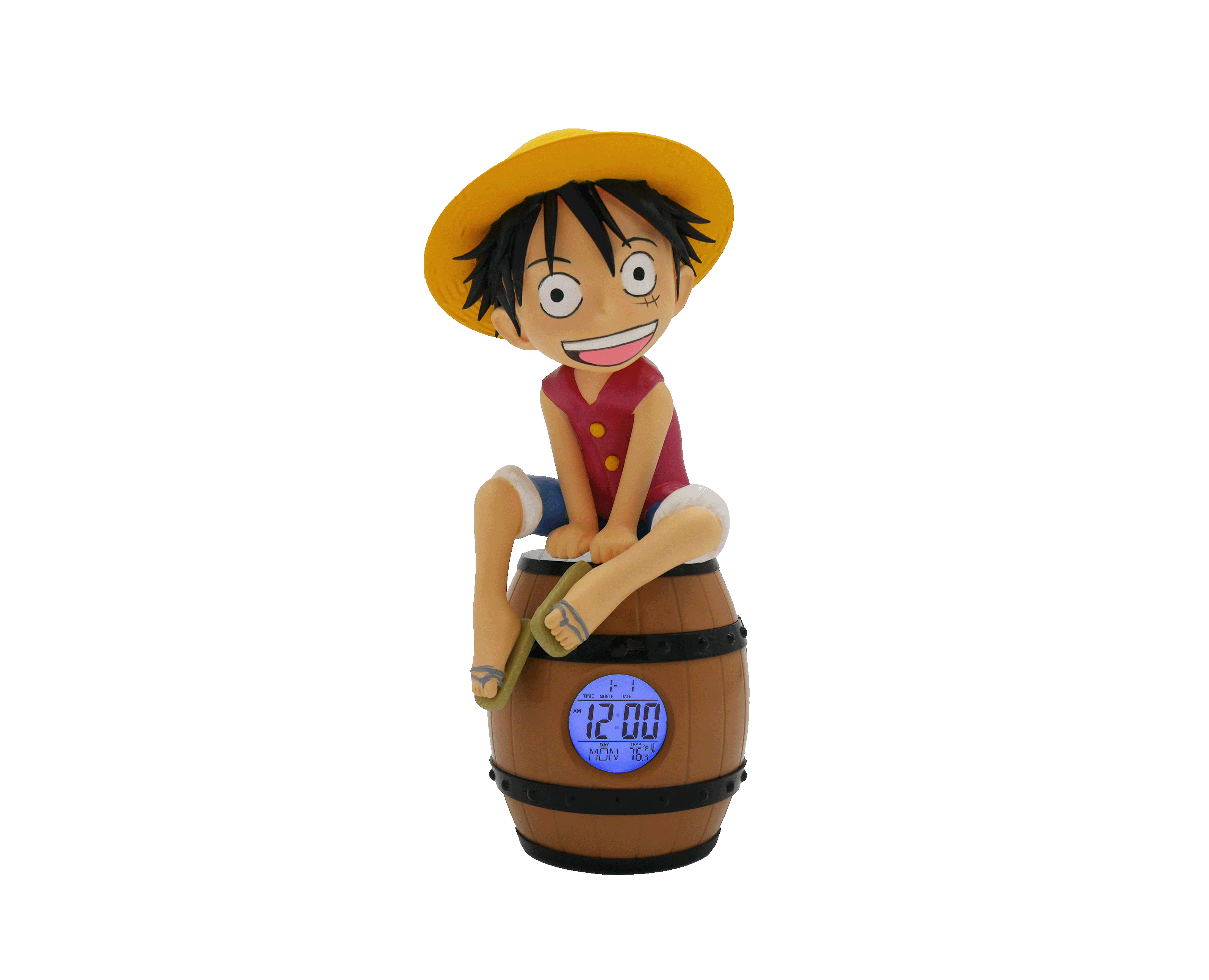Eine Figur von Luffy aus One Piece sitzt auf einem Holzfass mit einer Digitaluhr.