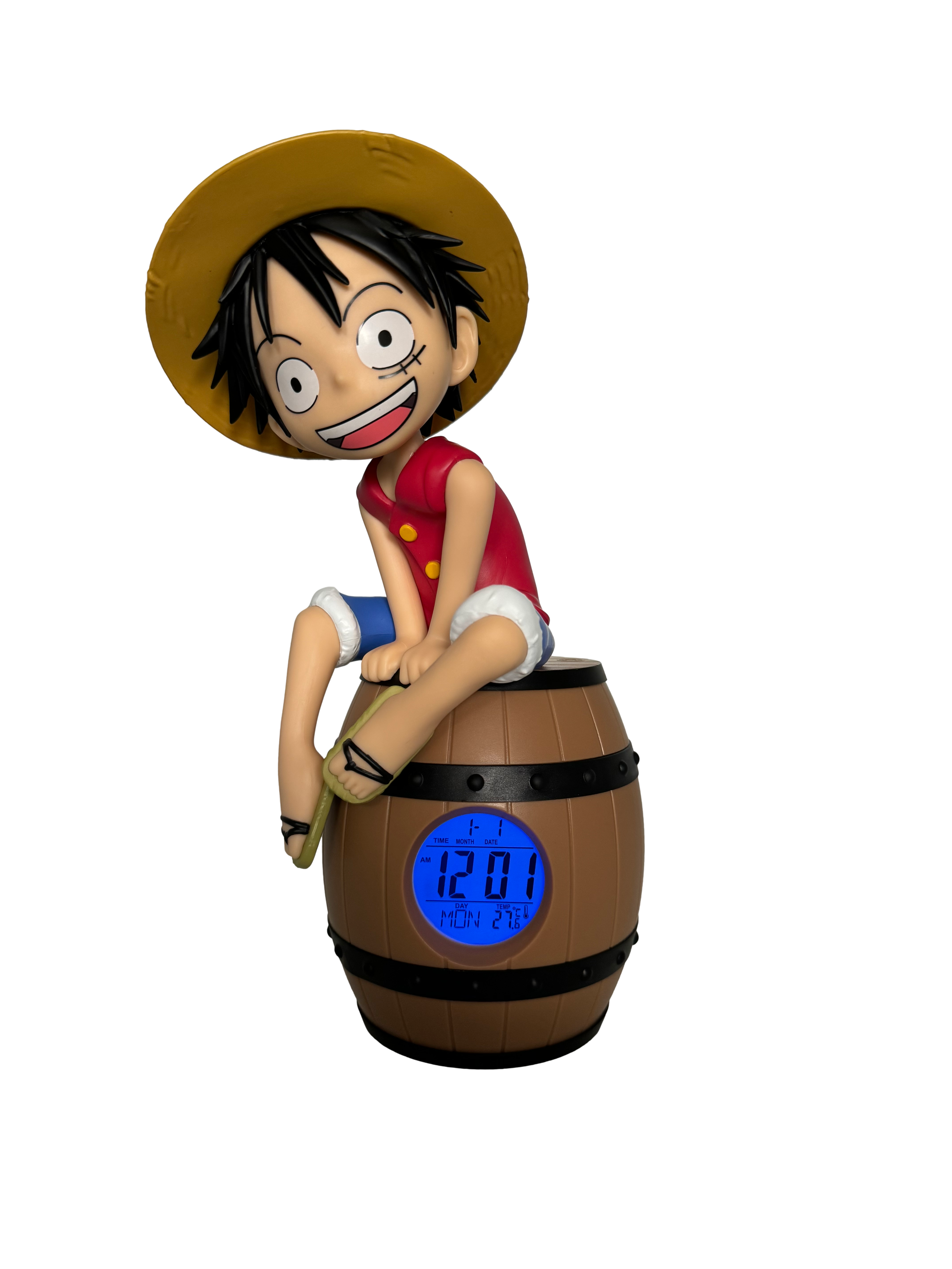 Eine Figur von Monkey D. Luffy sitzt auf einem hölzernen Fass mit digitaler Anzeige.