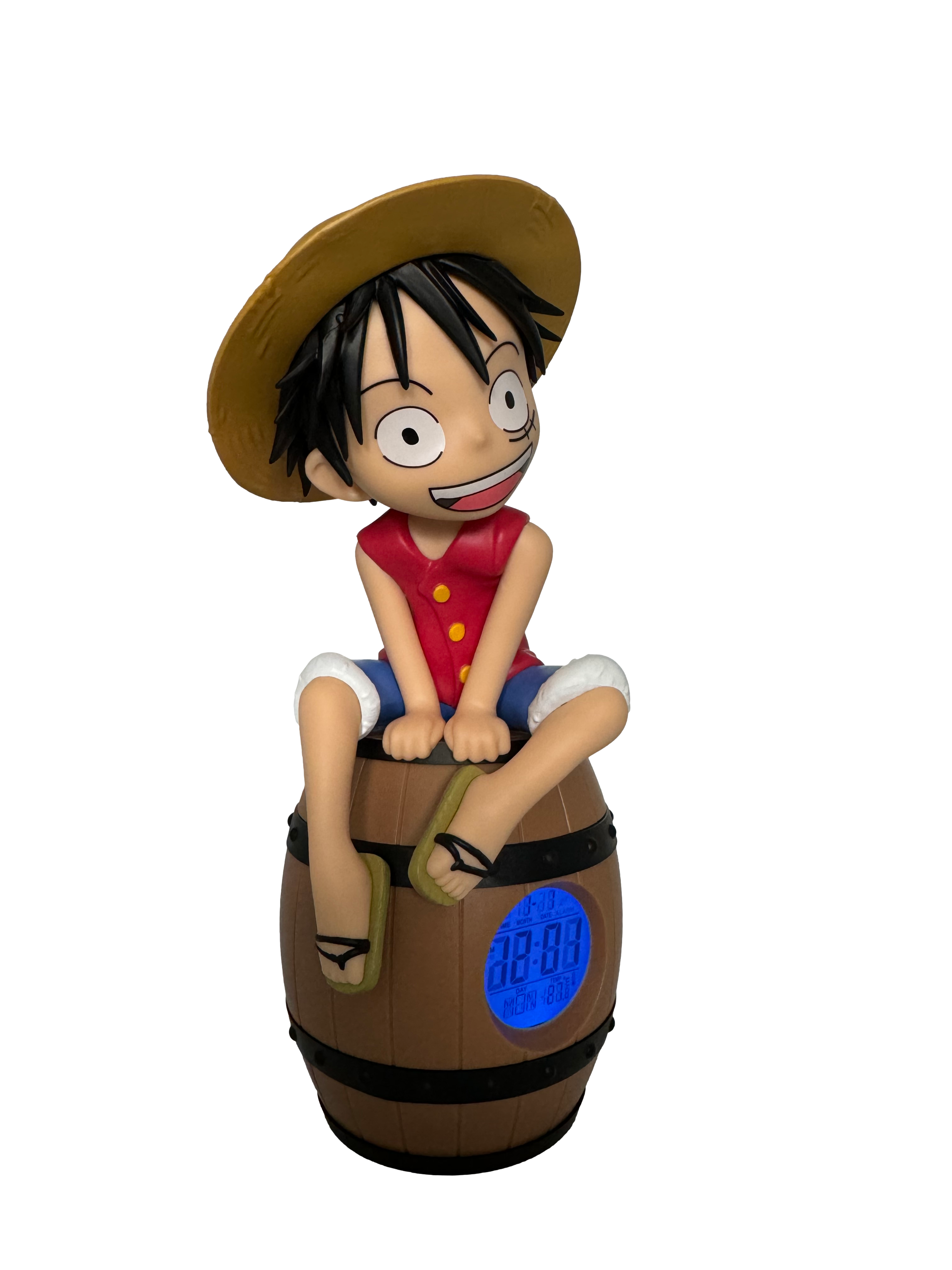 Eine Figur von Monkey D. Luffy sitzt auf einem Holzzylinder mit einem digitalen Display.