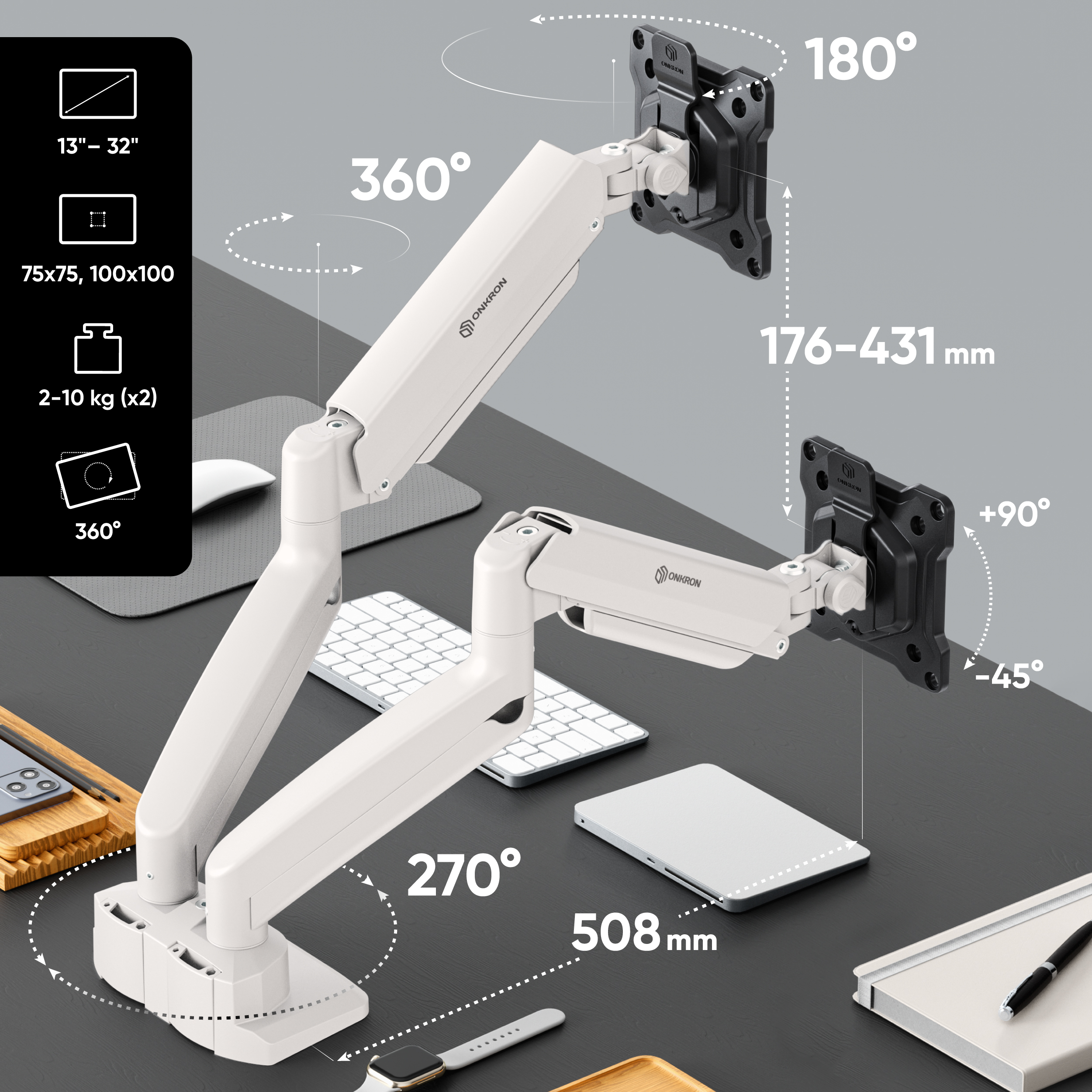 Ein weißer Monitorarm mit technischen Daten und Drehwinkeln auf dunklem Schreibtisch.