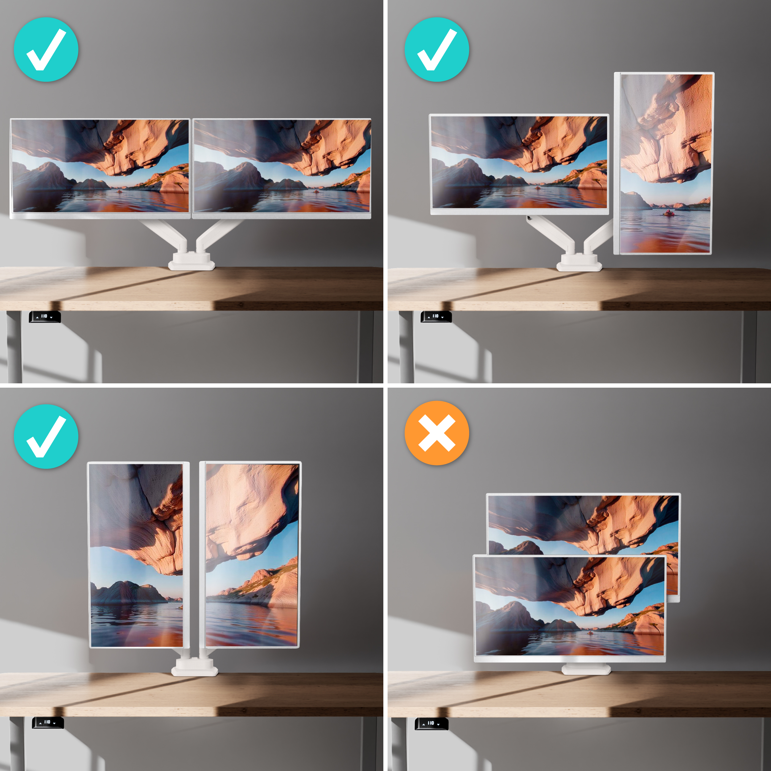 Vier Darstellungen von zwei Monitoren auf einem Schreibtisch, die unterschiedliche Konfigurationen zeigen.