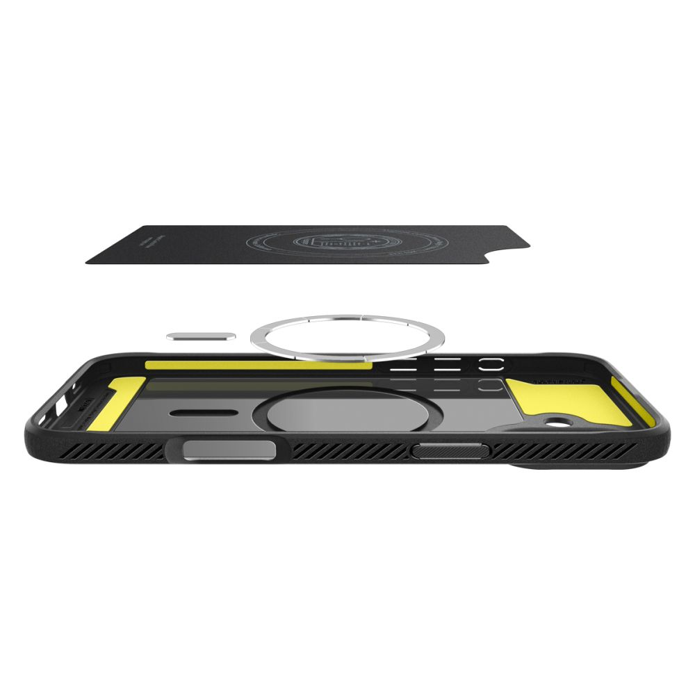 Vista esplosa di una custodia nera per telefono con interno giallo e anello magnetico.