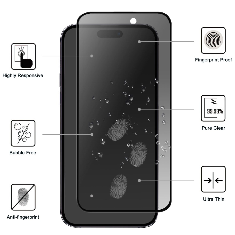 Un protecteur d'écran de téléphone noir avec des empreintes digitales et des gouttelettes d'eau.