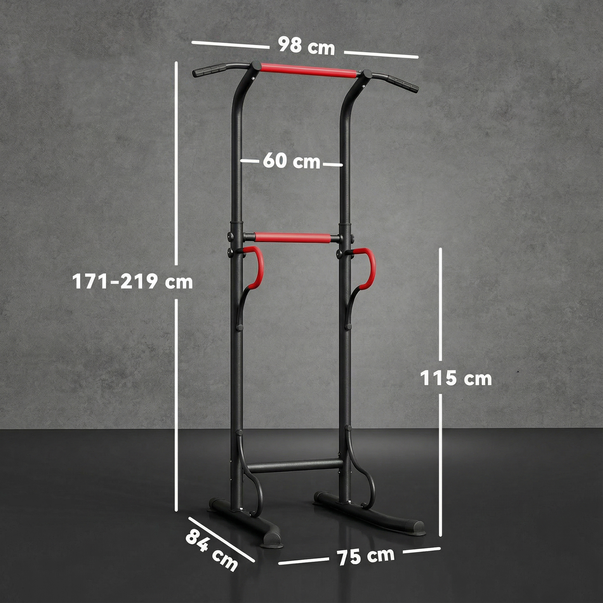 Una torre de dominadas negra con asas rojas y dimensiones.