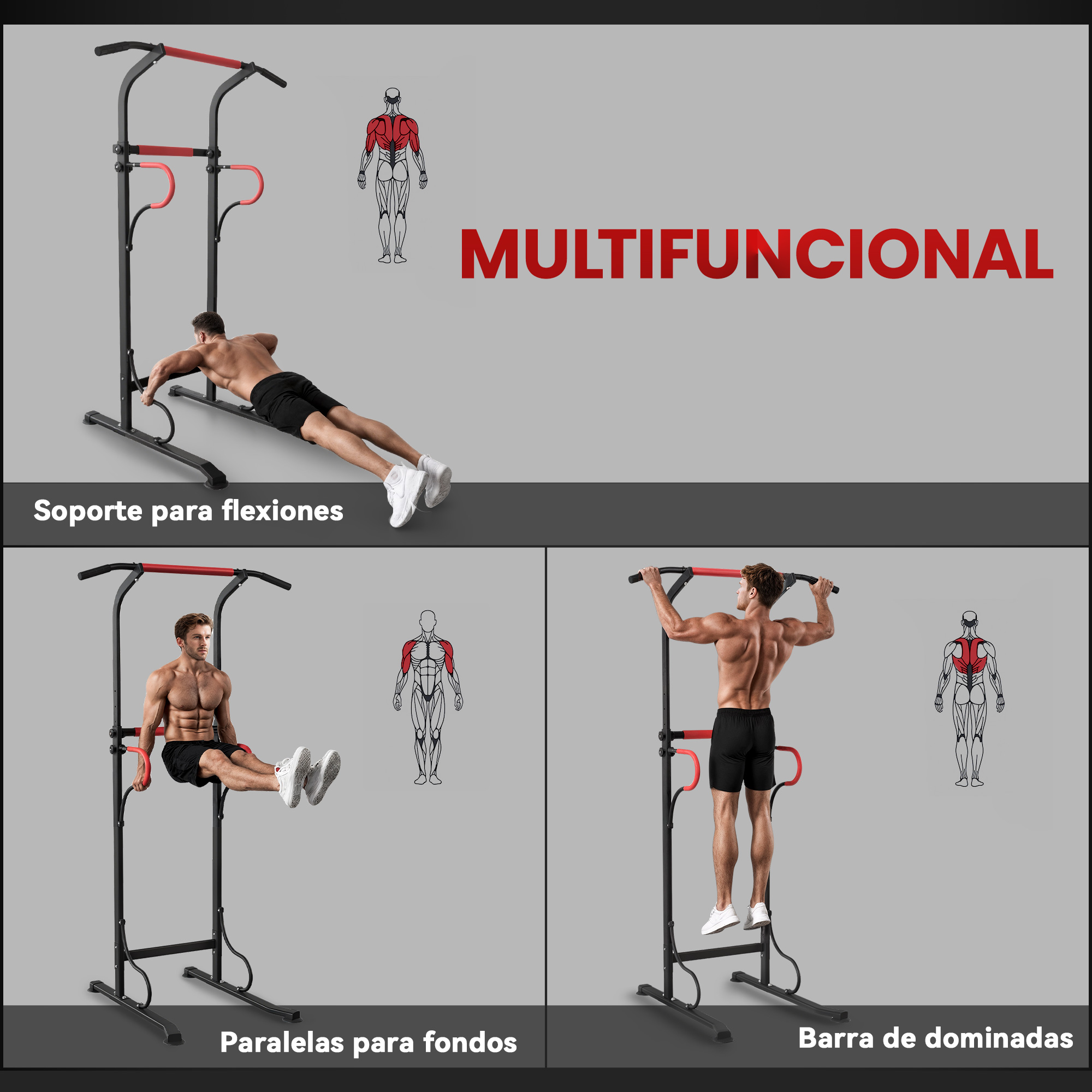 Estación multifuncional de dominadas con hombres haciendo flexiones, fondos y dominadas.