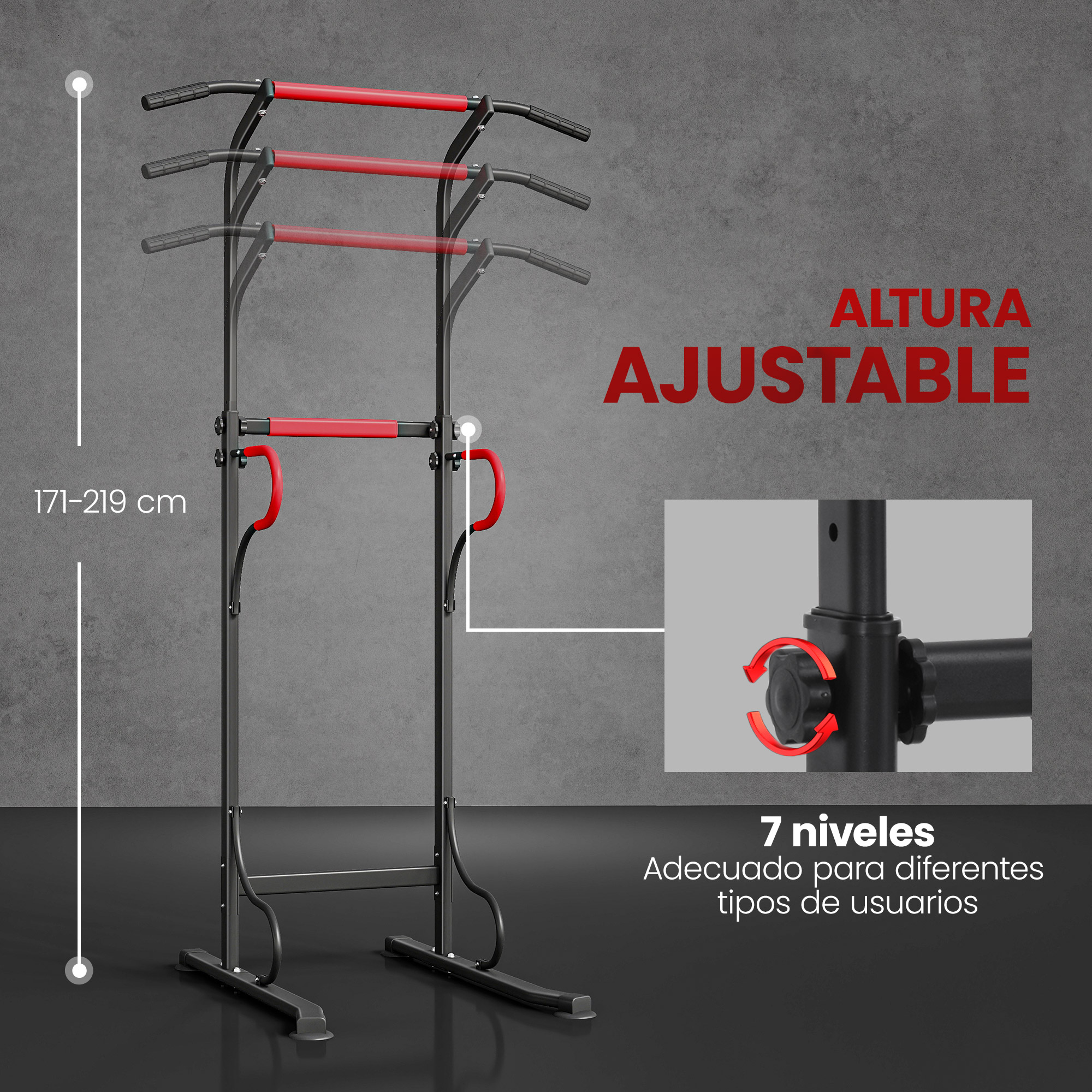Torre de dominadas ajustable con mangos rojos, altura 171-219 cm.