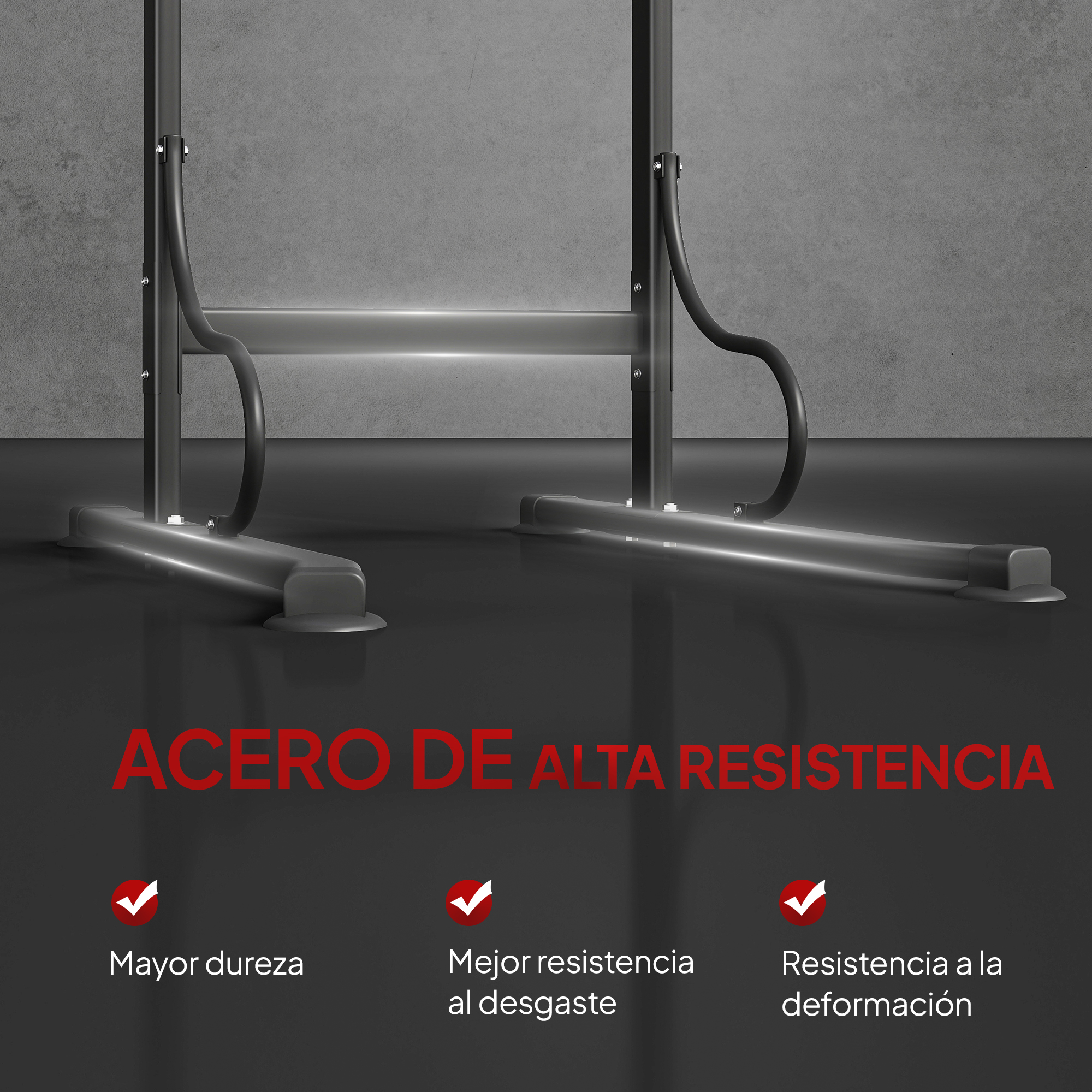 Estructura de acero con ganchos contra pared de hormigón. Texto: Mayor dureza, resistencia al desgaste, a la deformación.