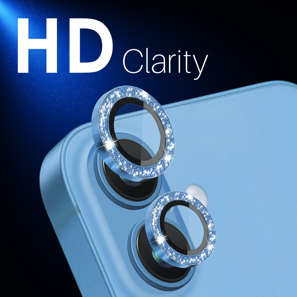Fotocamera blu iPhone con protezioni lente scintillanti, chiarezza HD.