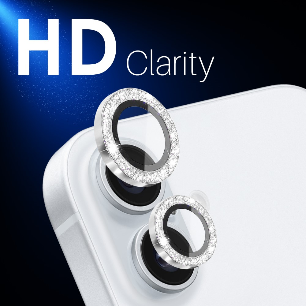 Deux protecteurs d'objectif de caméra d'iPhone scintillants sur un téléphone blanc.