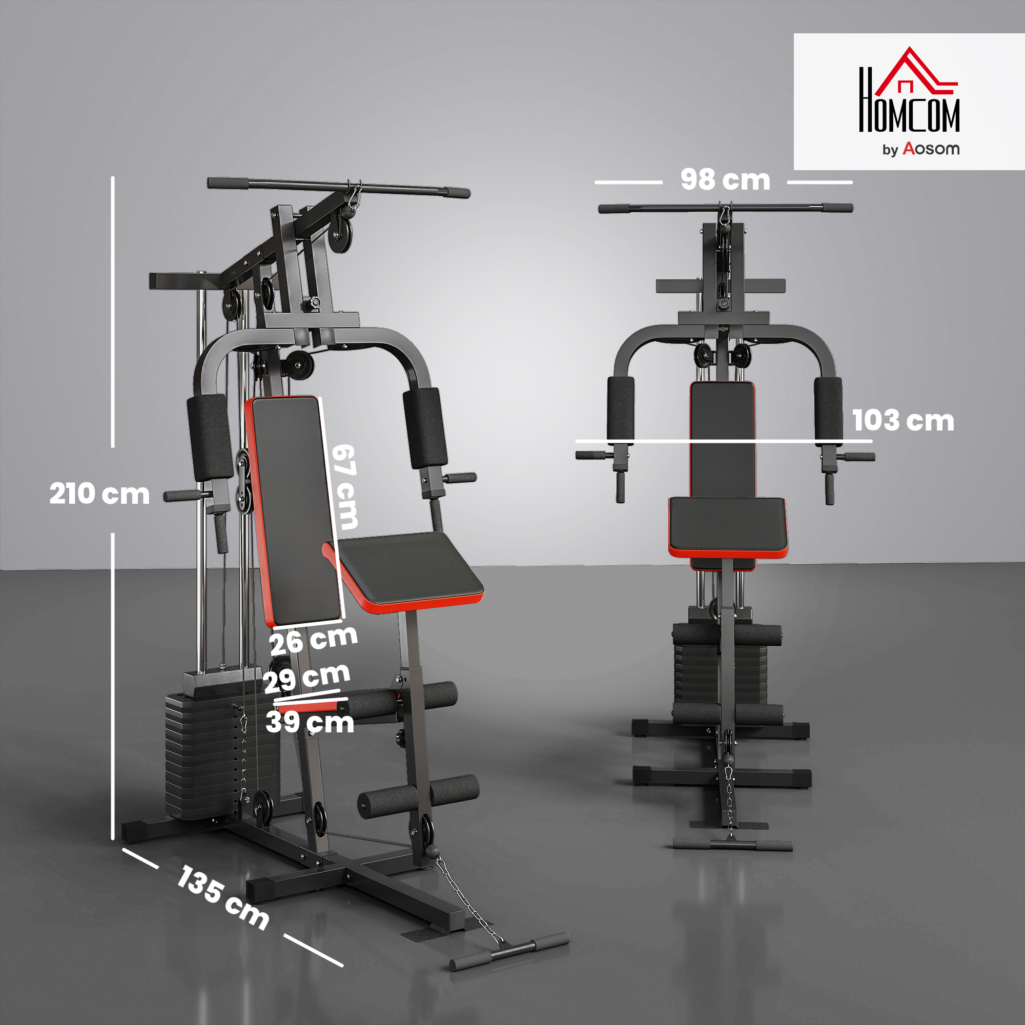 Gimnasio en casa negro y rojo con dimensiones etiquetadas. Se muestran dos vistas.