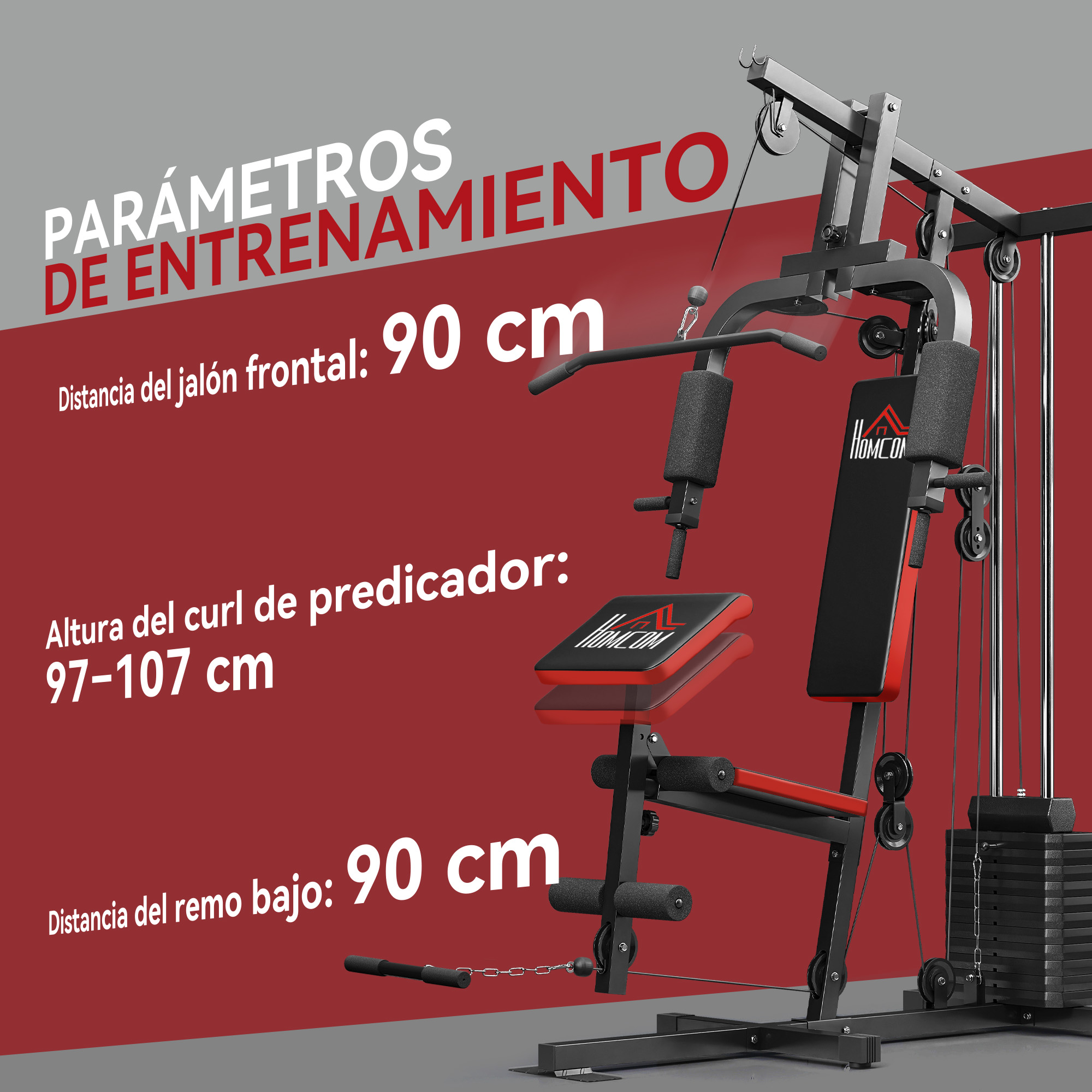Máquina de gimnasio en casa con pesas y acolchado, se muestran parámetros.