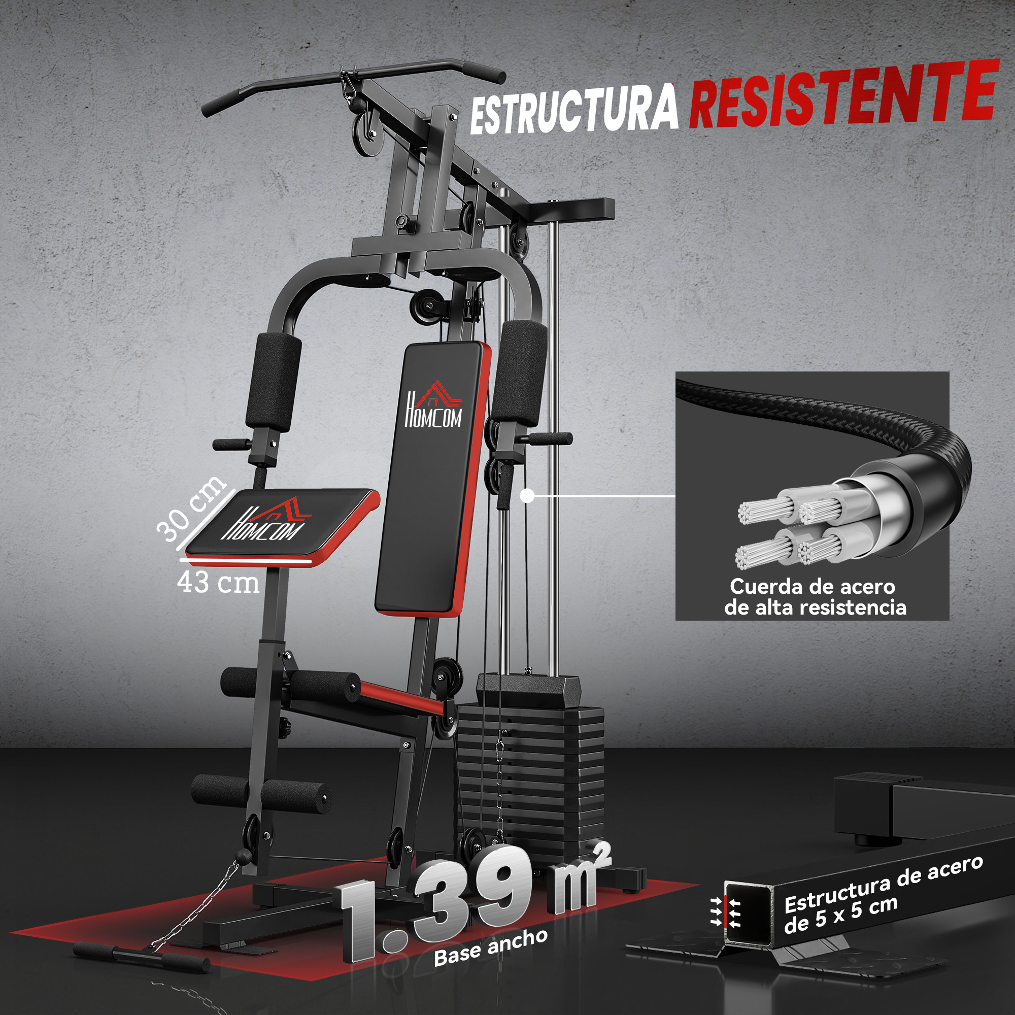 Máquina de gimnasio negra con pesas y barra de dominadas. Se muestran las dimensiones.