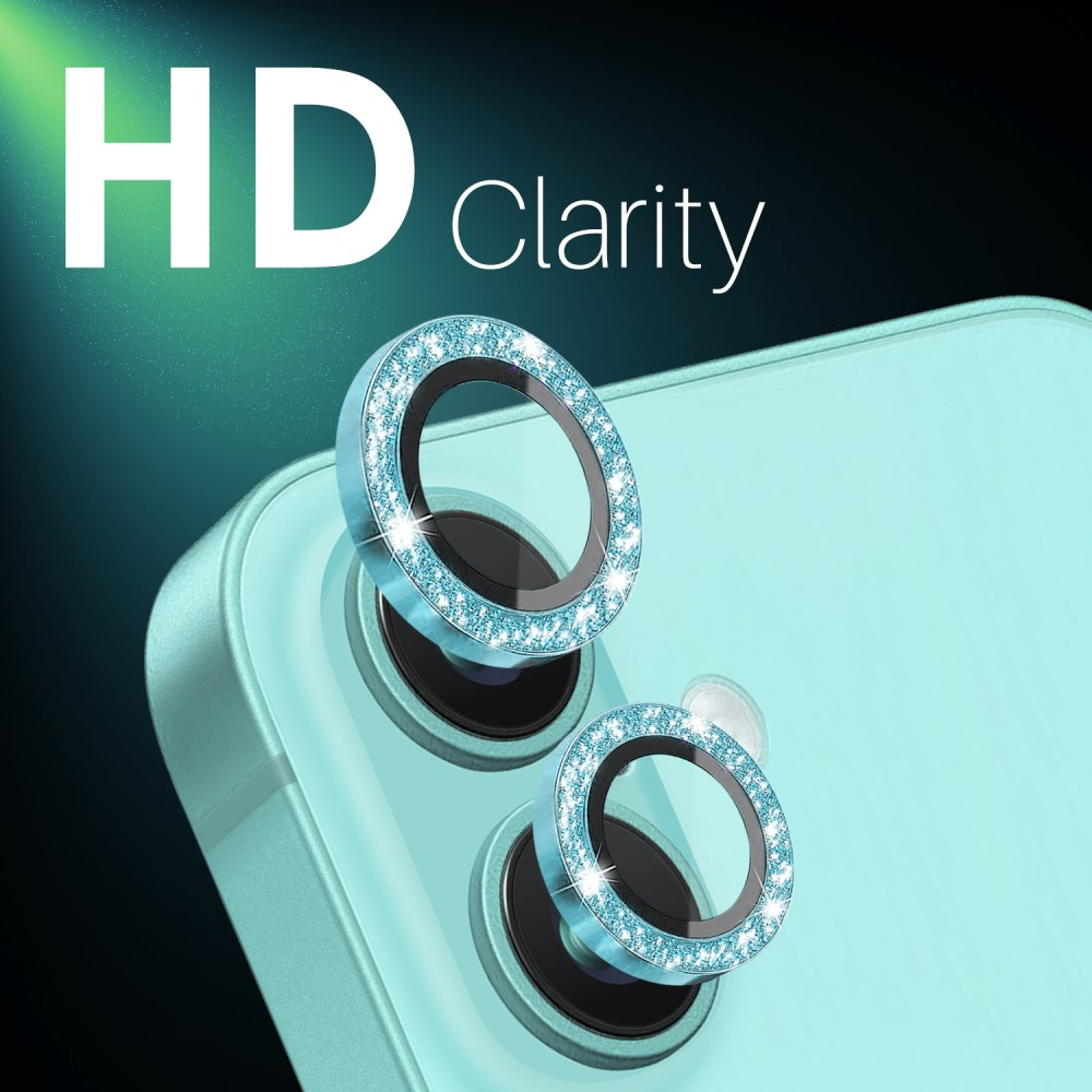 Téléphone turquoise avec texte HD Clarity et deux protecteurs d'objectifs d'appareil photo ornés de gemmes bleues.