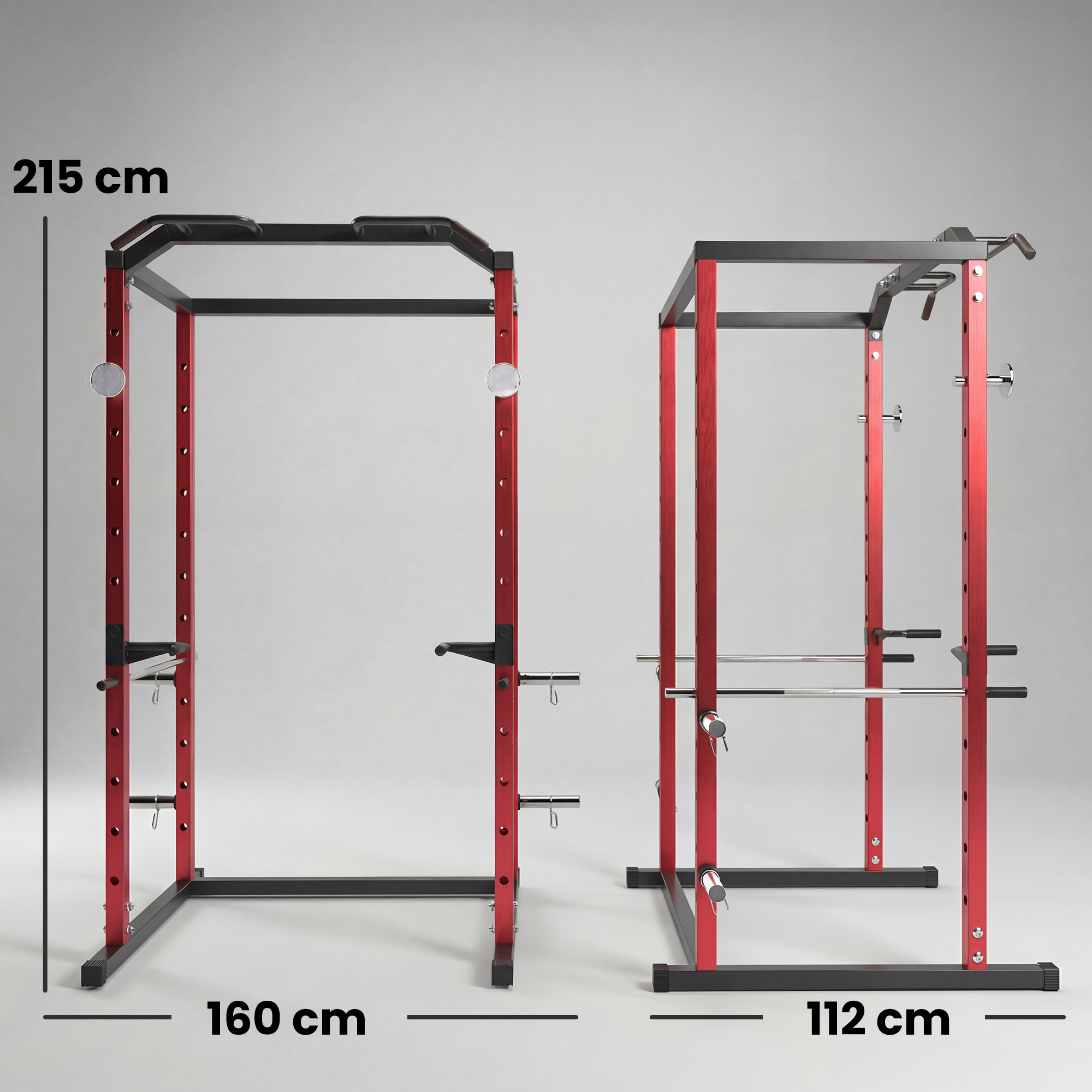 Dos racks de sentadillas rojos con elementos negros y dimensiones.