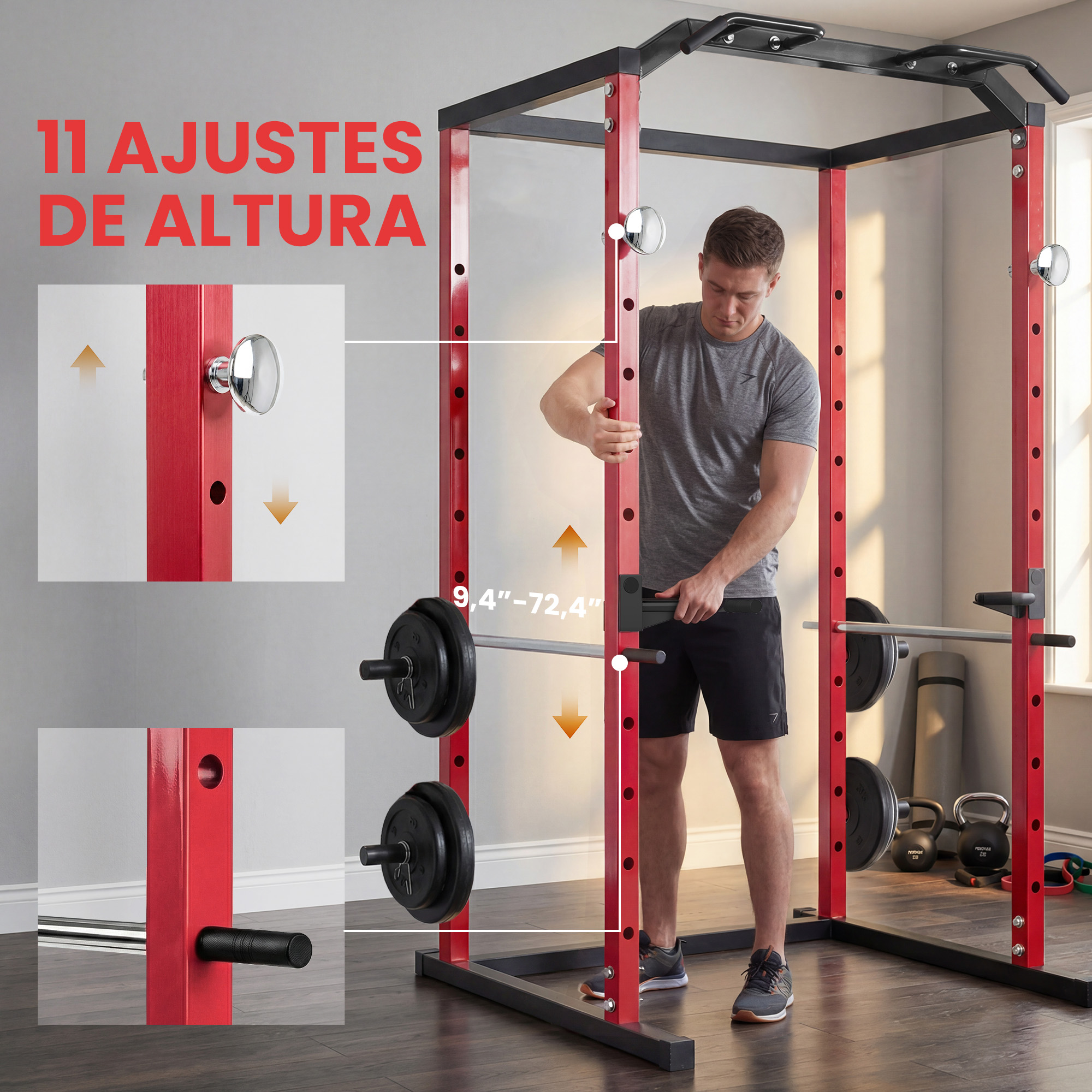 Un hombre ajusta un soporte de sentadillas rojo con pesas y barra.