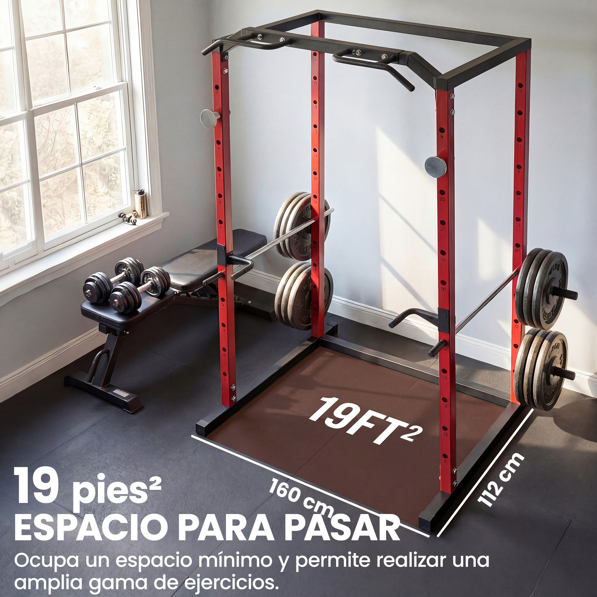 Un rack de pesas con pesas, un banco y mancuernas en una habitación.