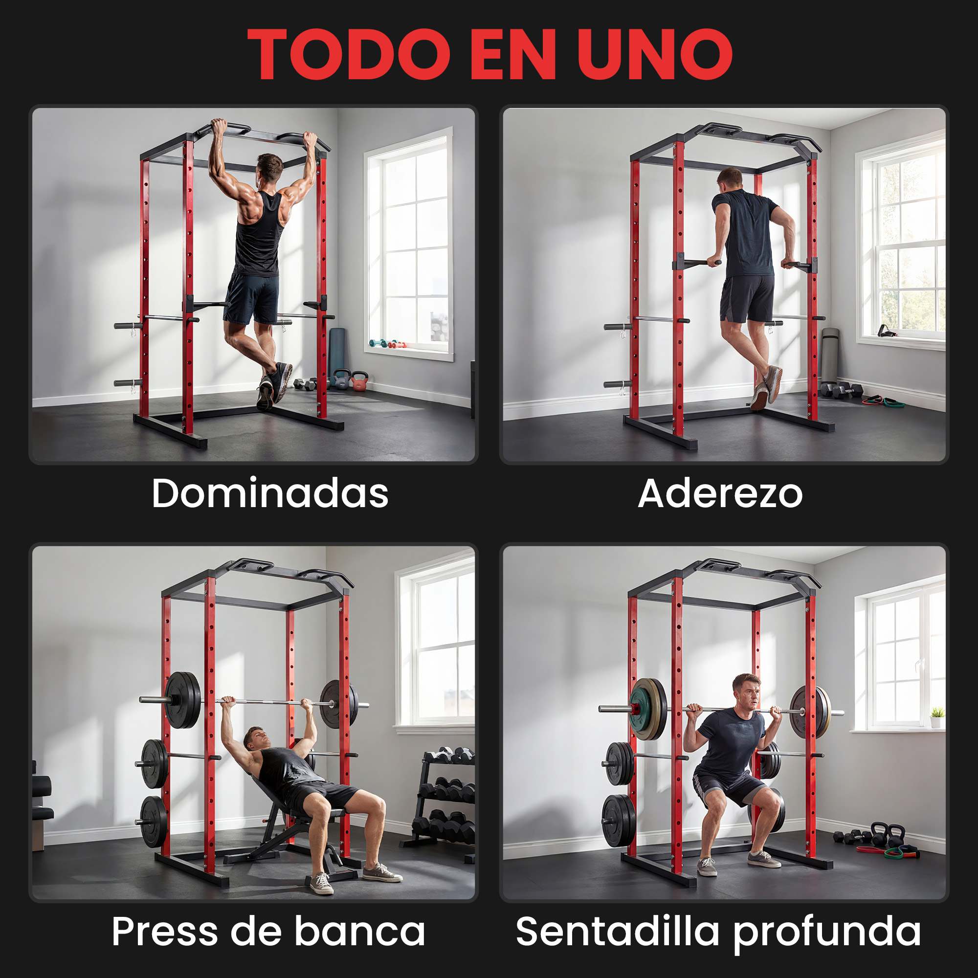 Cuatro ejercicios de fitness: dominadas, fondos, press de banca, sentadillas.