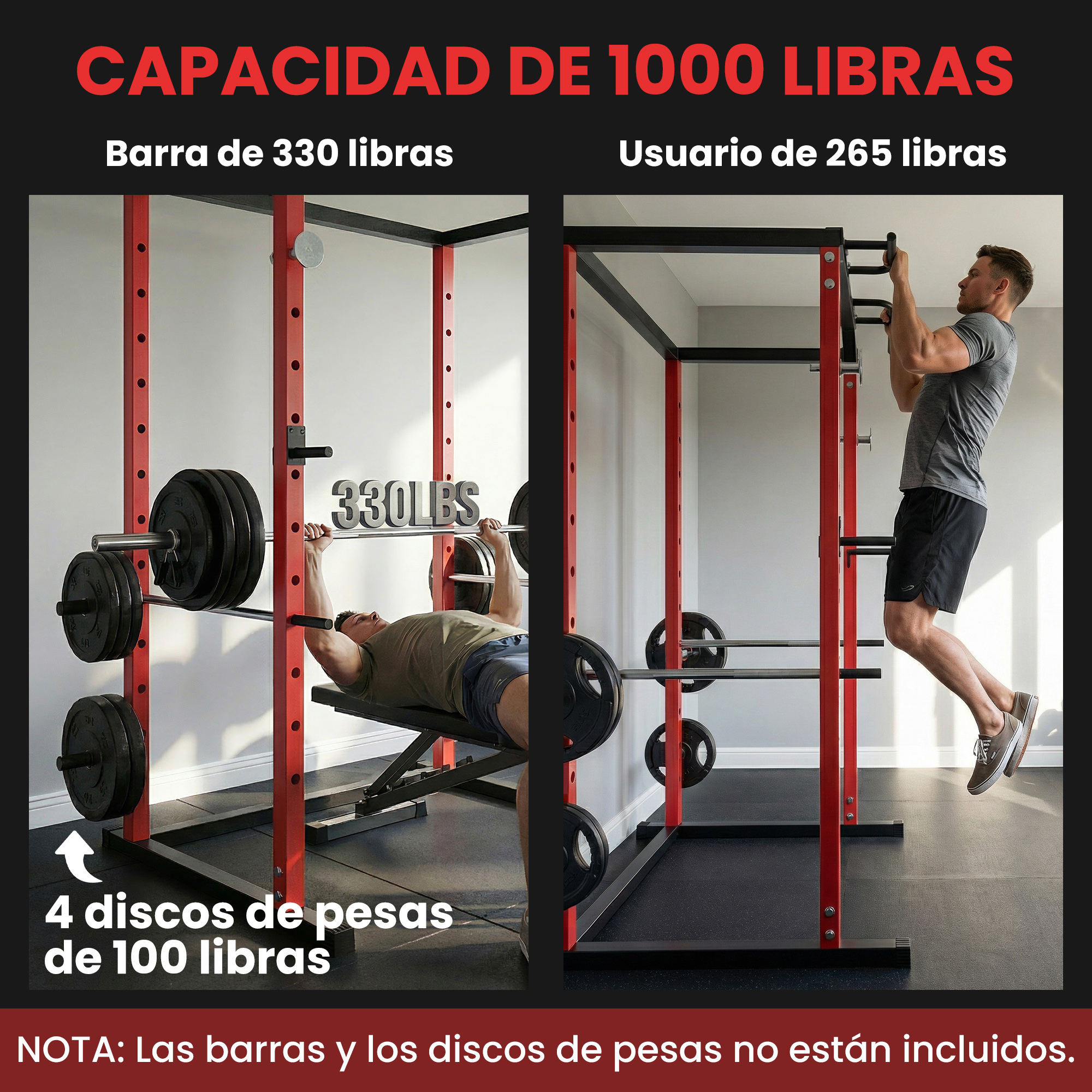 Rack de pesas con dos escenarios: press de banca y dominadas. Capacidad 1000 lb.