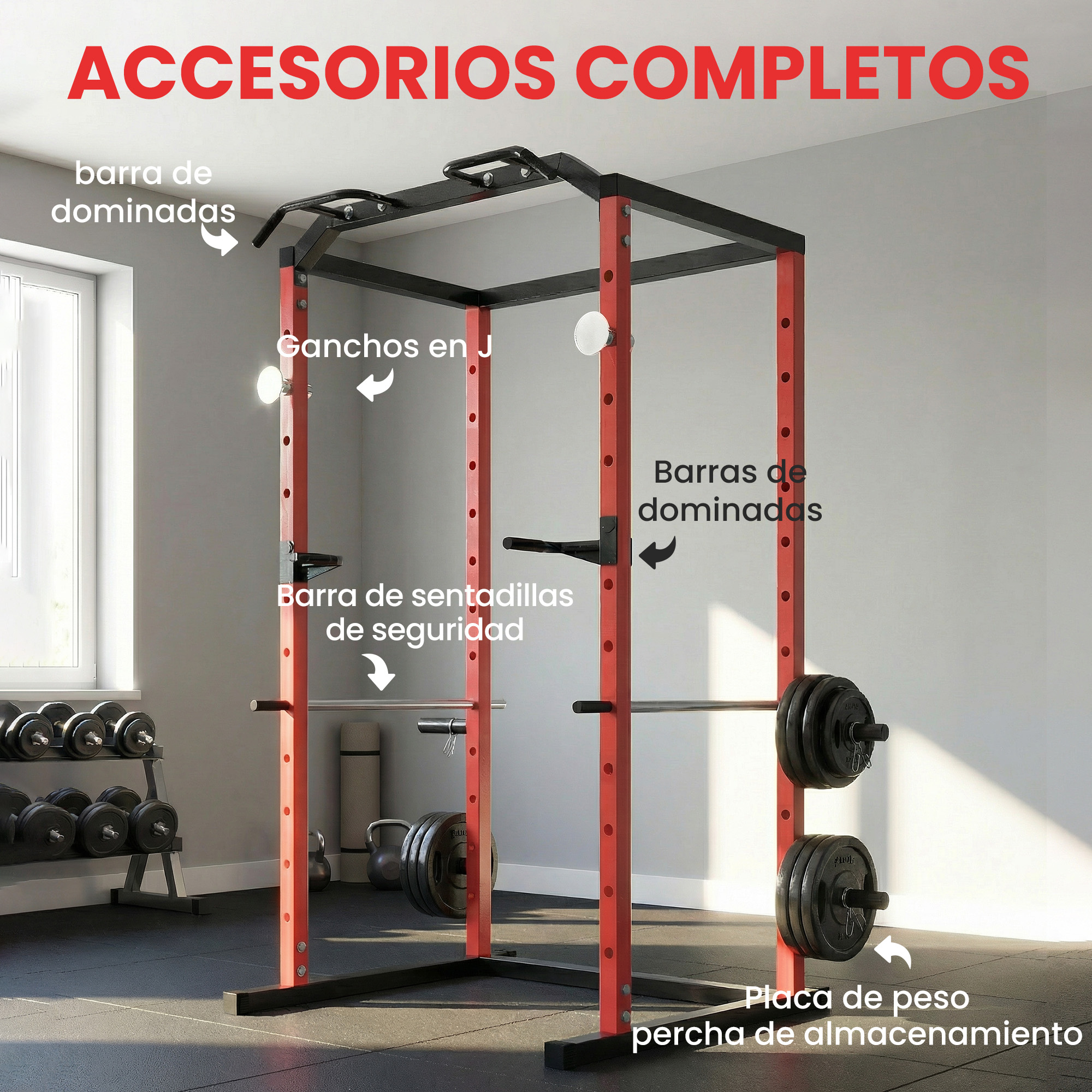 Un rack de potencia rojo con mancuernas, discos y barras de dominadas.