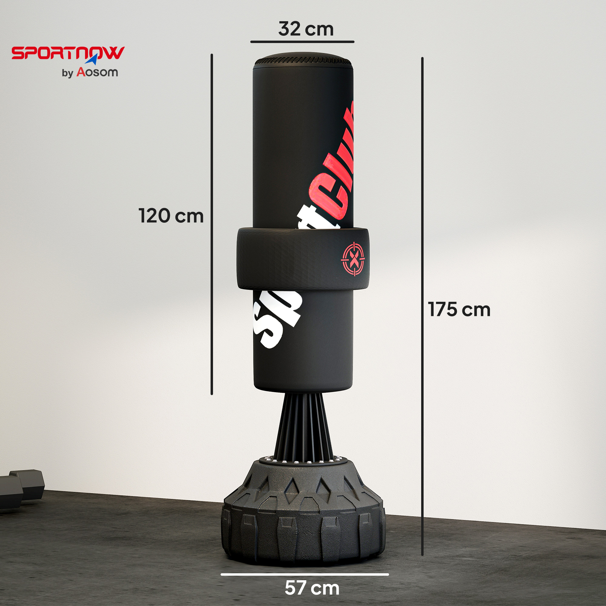 Un saco de boxeo negro con estampado rojo y blanco, se indican las dimensiones.