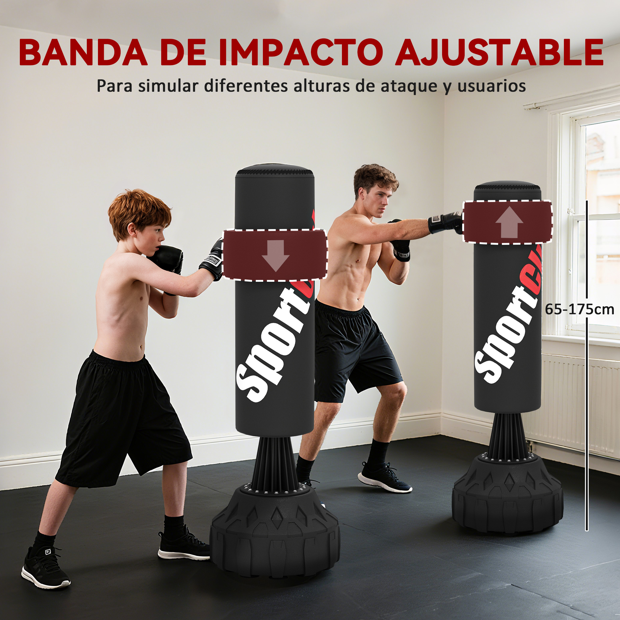 Chico y hombre entrenando con saco de boxeo ajustable, 65-175cm.