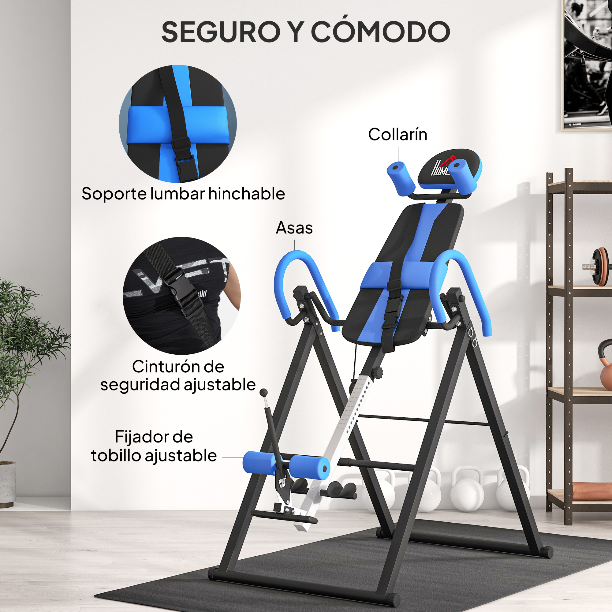 Una mesa de inversión azul y negra con correas y rodillos ajustables.