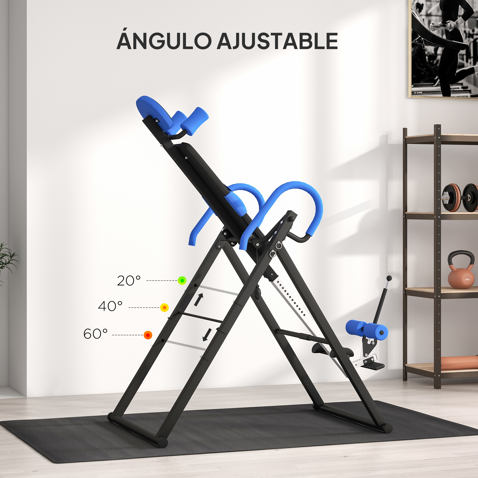 Una máquina de inversión negra y azul sobre alfombra negra. Ángulos marcados.