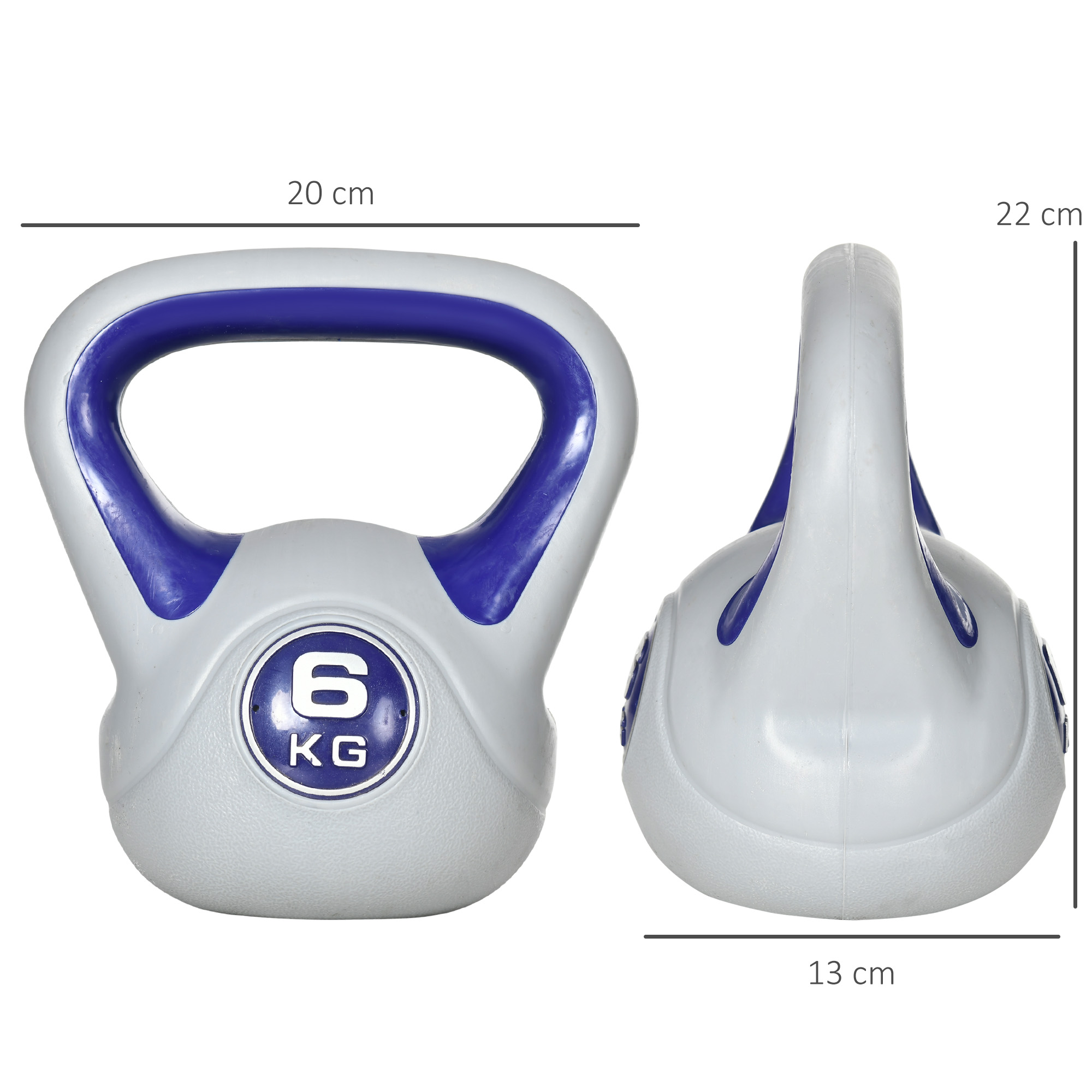 Pesa rusa gris de 6 kg con asa azul y dimensiones.