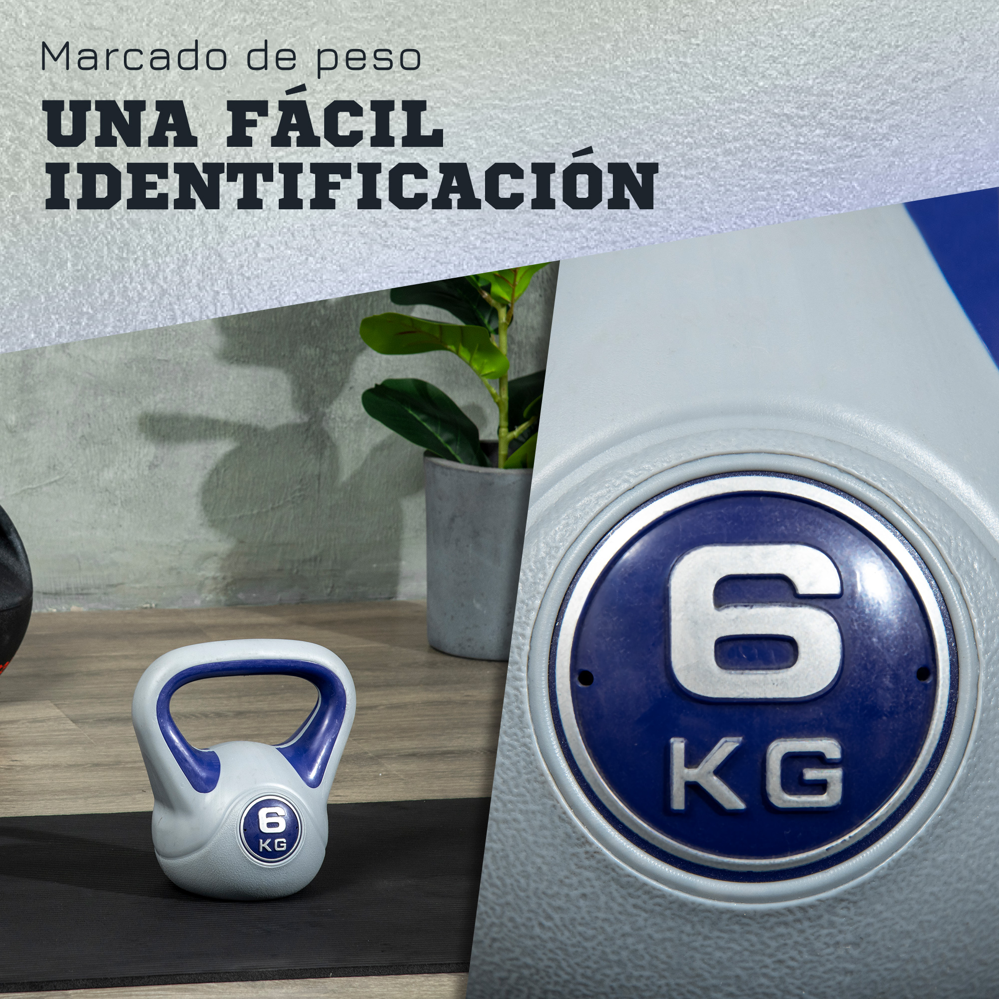 Una pesa rusa gris y azul de 6 kg sobre una alfombra negra. Texto: Fácil identificación.