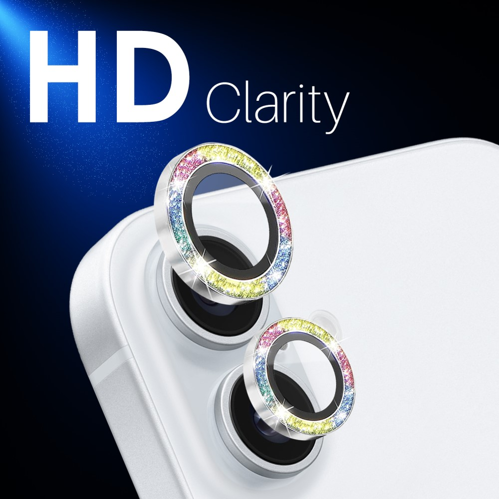 Clarté HD : objectifs de caméra iPhone avec anneaux à paillettes colorés. iPhone argenté.