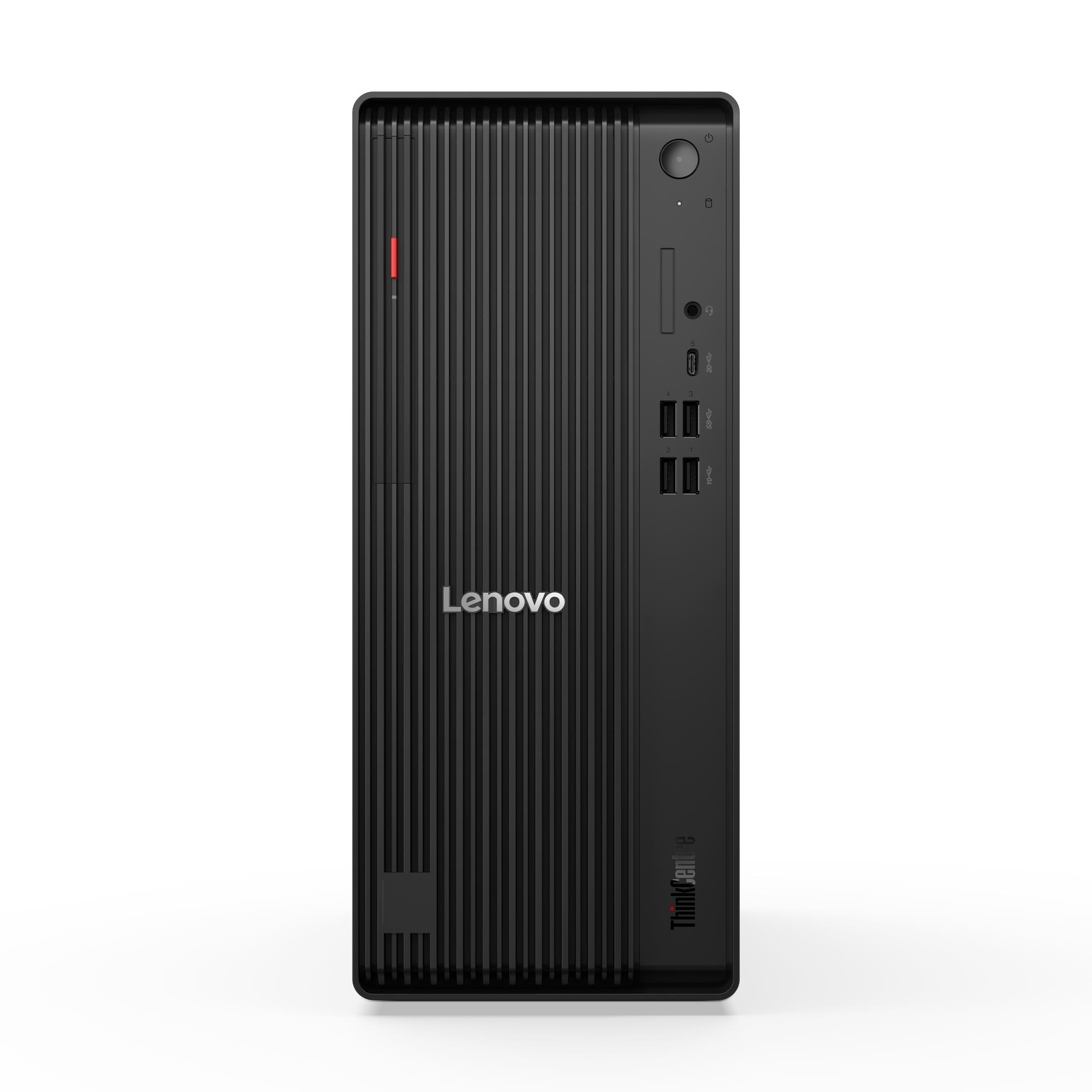 Un PC Lenovo ThinkCentre nero con scanalature verticali e porte frontali.