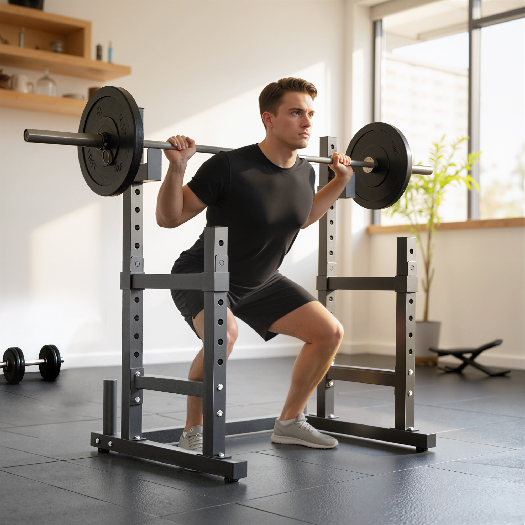 Un hombre hace sentadillas con barra en un gimnasio.