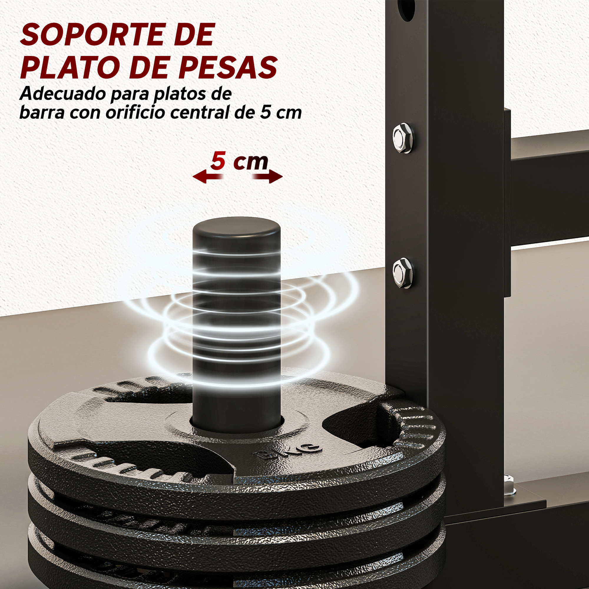 Soporte negro para discos con discos apilados y orificio de 5 cm.