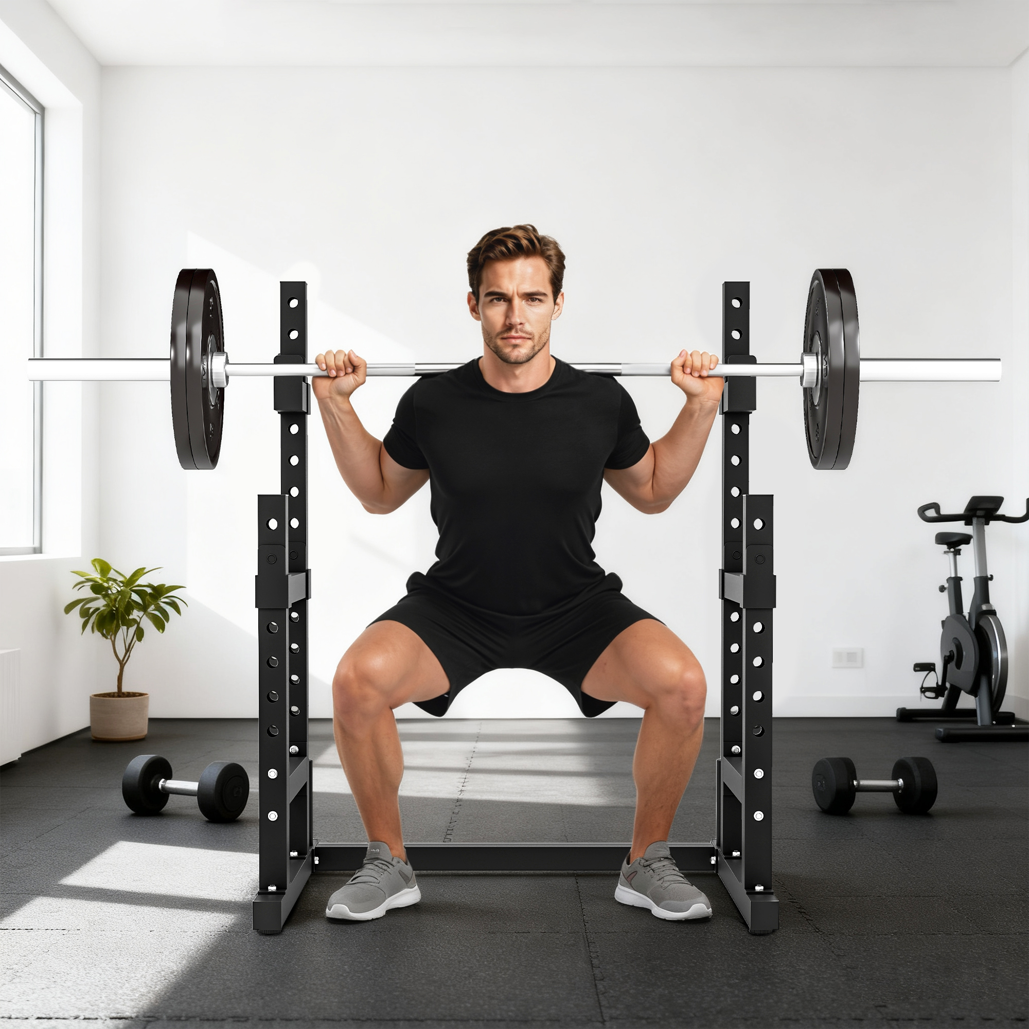 Hombre haciendo sentadillas con barra en un gimnasio, con una bicicleta al fondo.