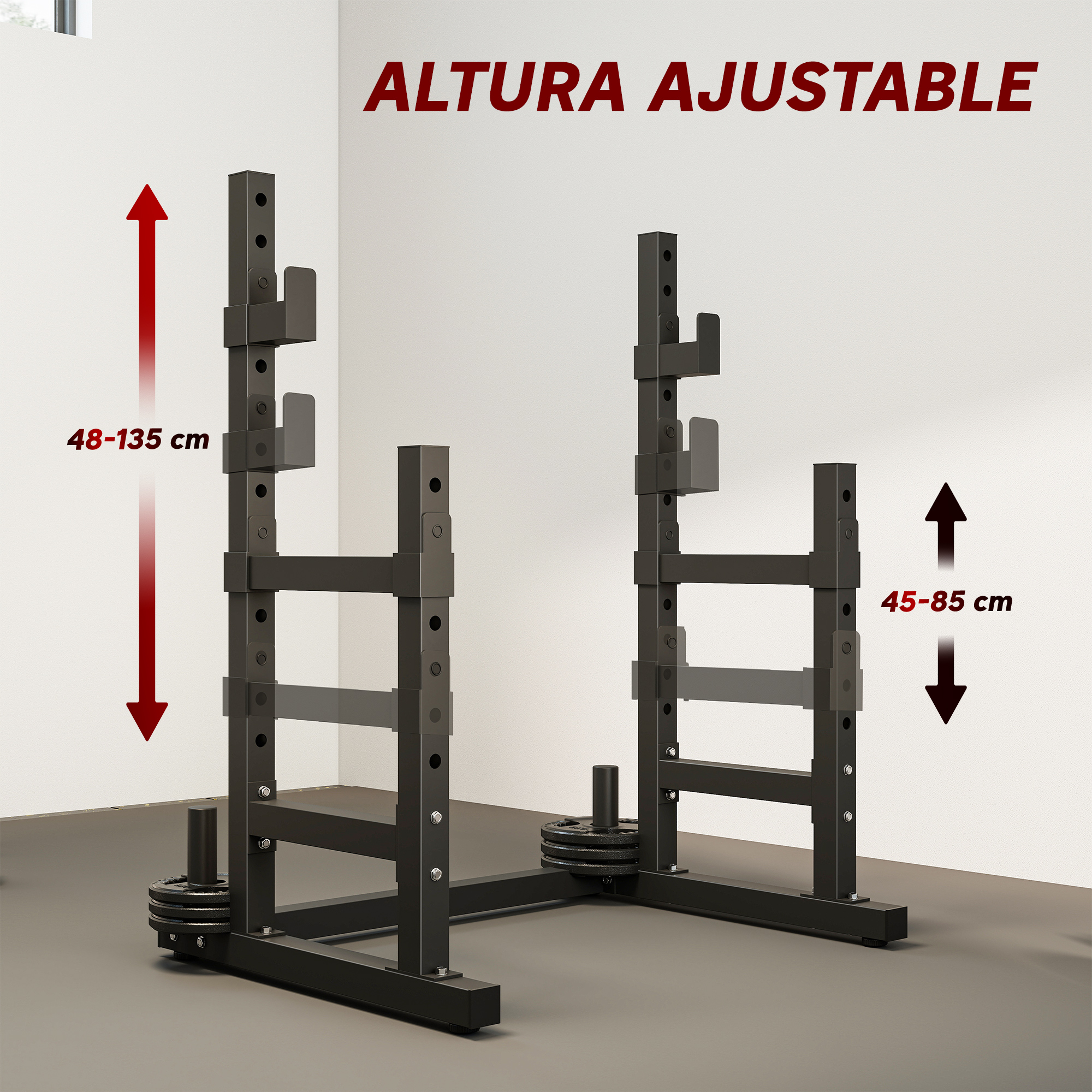 Soporte de pesas negro con altura ajustable de 48-135 cm.