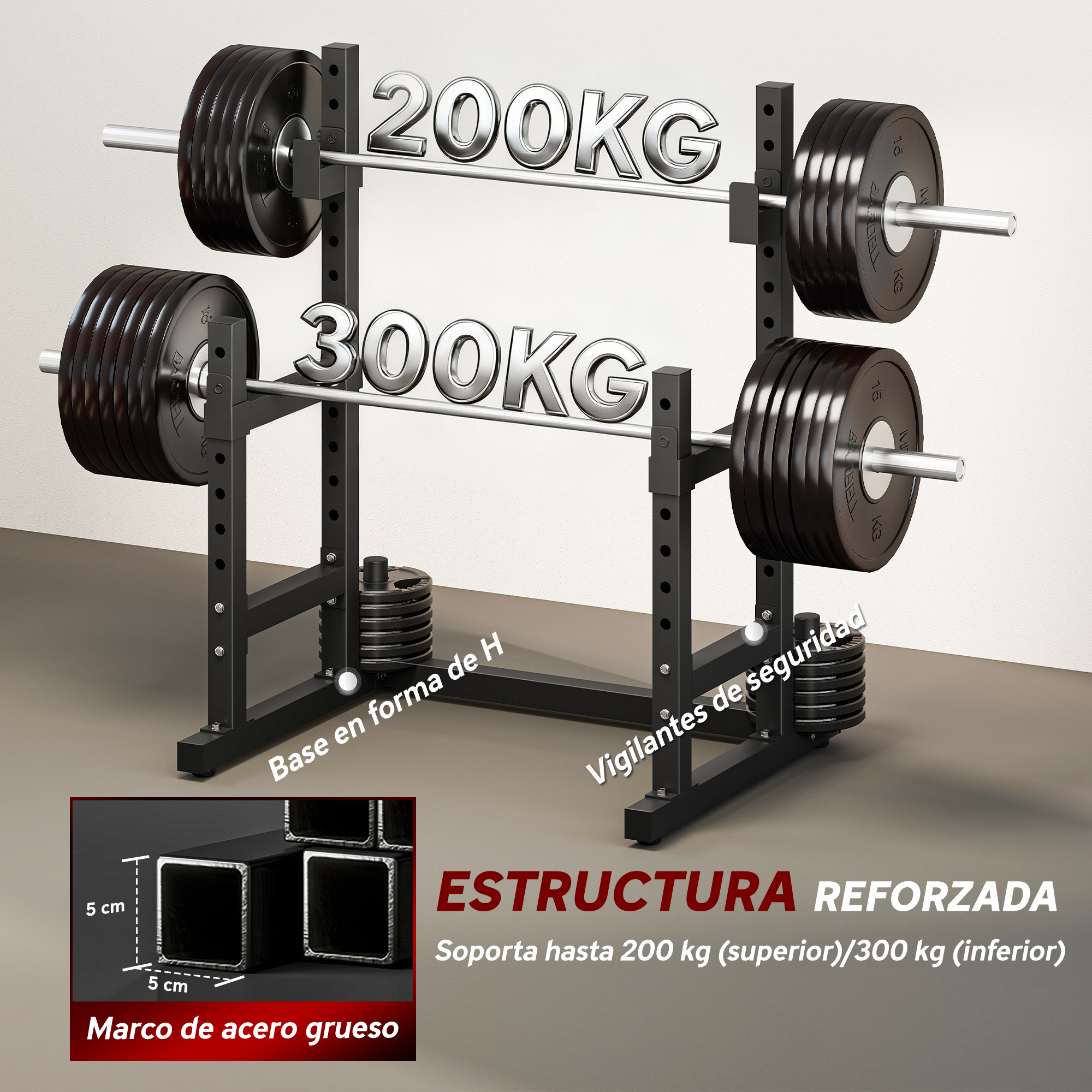 Rack de pesas negro con discos y etiquetas "200KG" y "300KG".