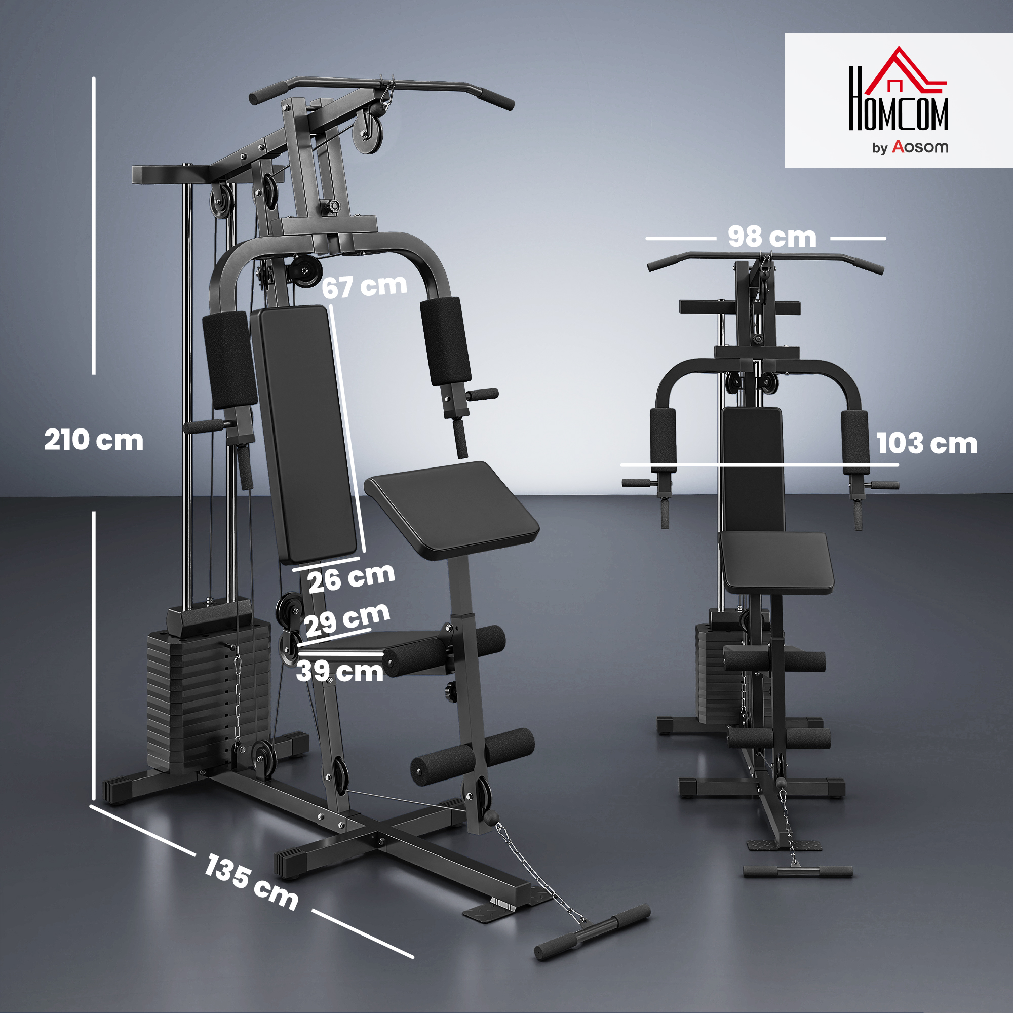Máquina de gimnasio en casa negra con dimensiones etiquetadas. Incluye pesas, banco y barra.
