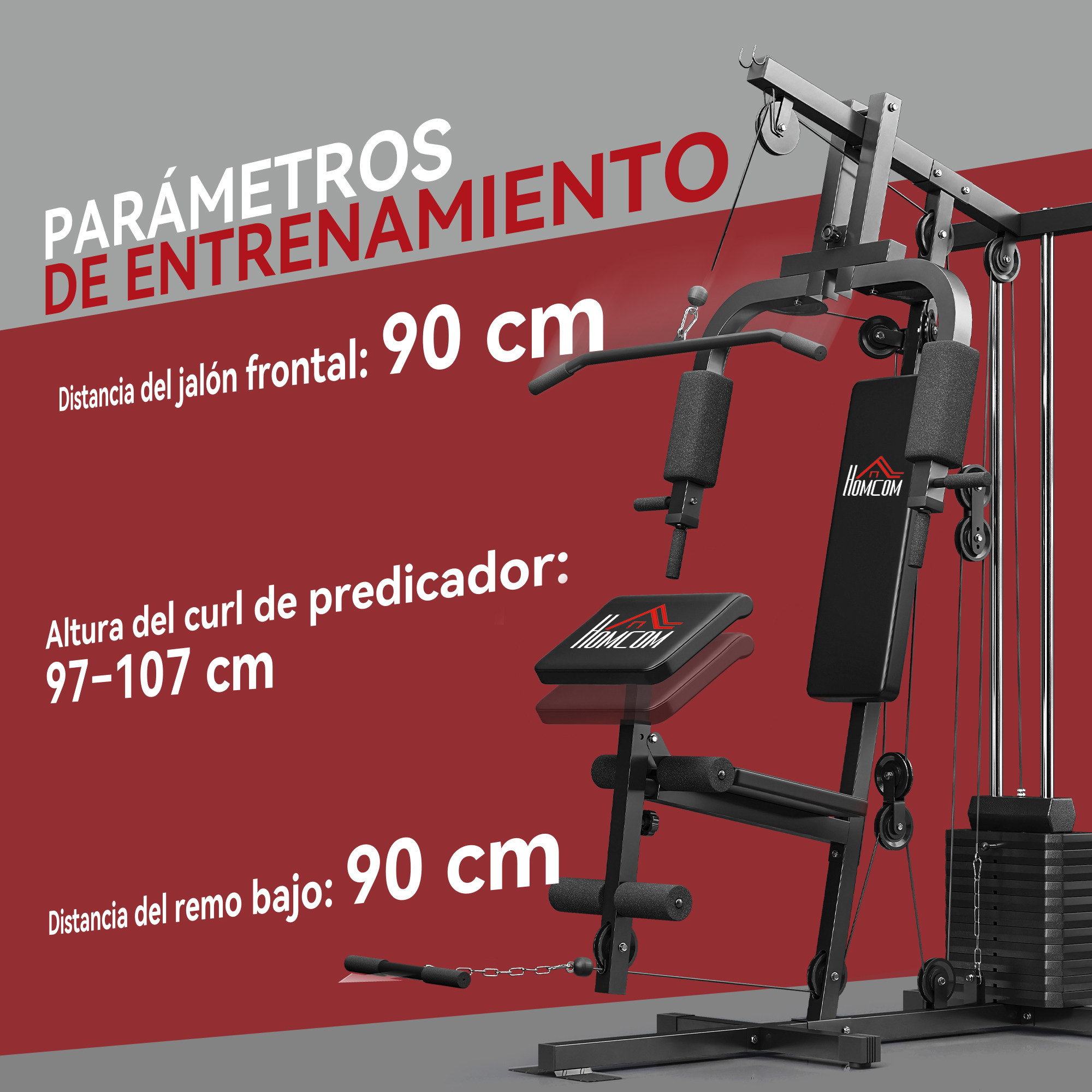 Máquina de gimnasio en casa negra con pesas, cables y acolchado. Parámetros de entrenamiento listados.