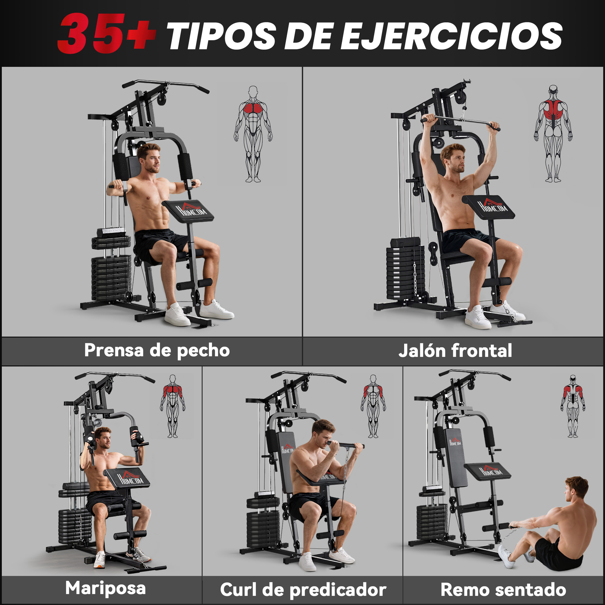 Un hombre se ejercita en una máquina de gimnasio en casa, mostrando varios ejercicios.